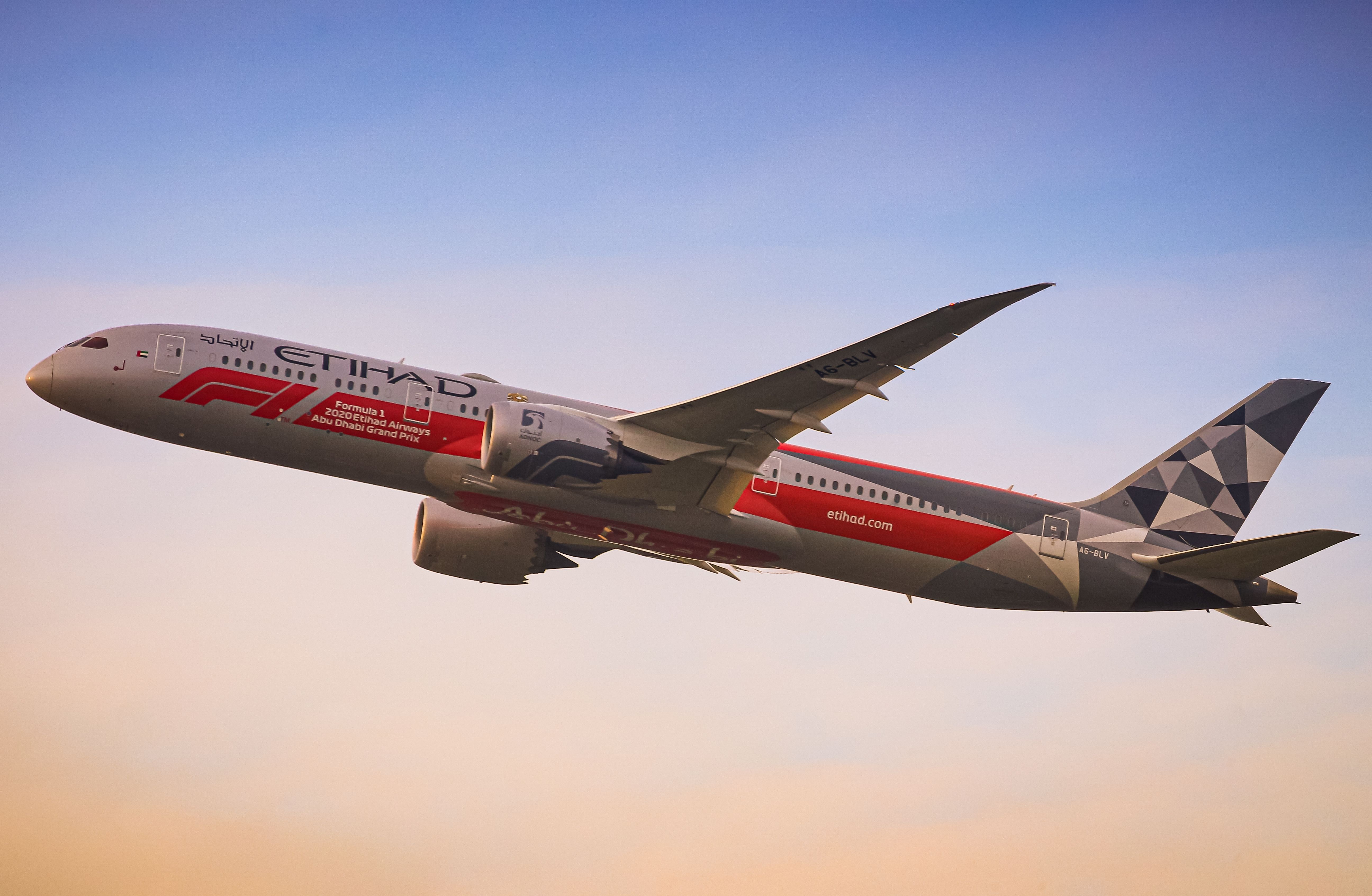 An Etihad Boeing 787-9 in F1 livery flying in the sky,