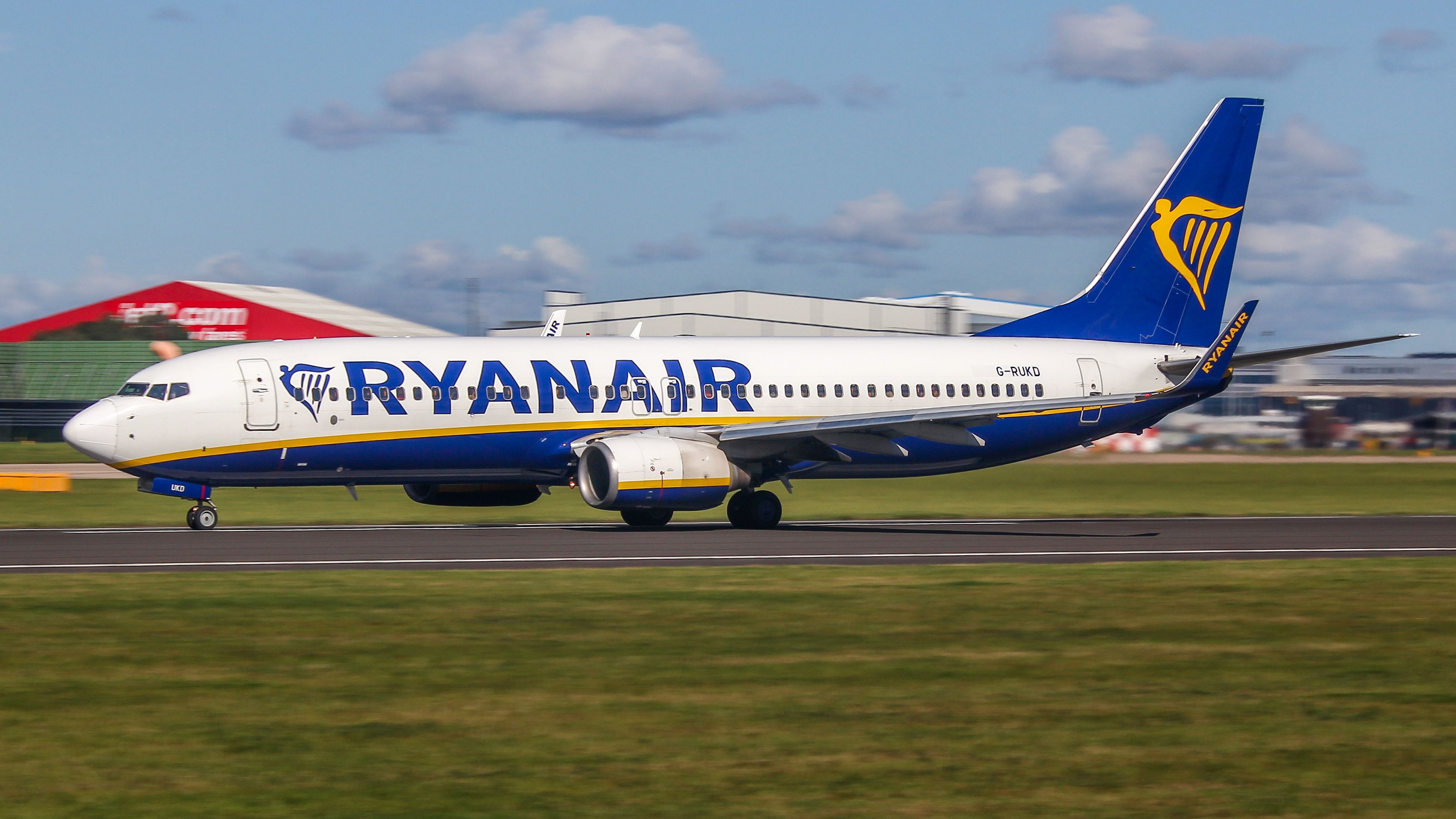 A Ryanair UK Boeing 737-800 taxiing to the runway.