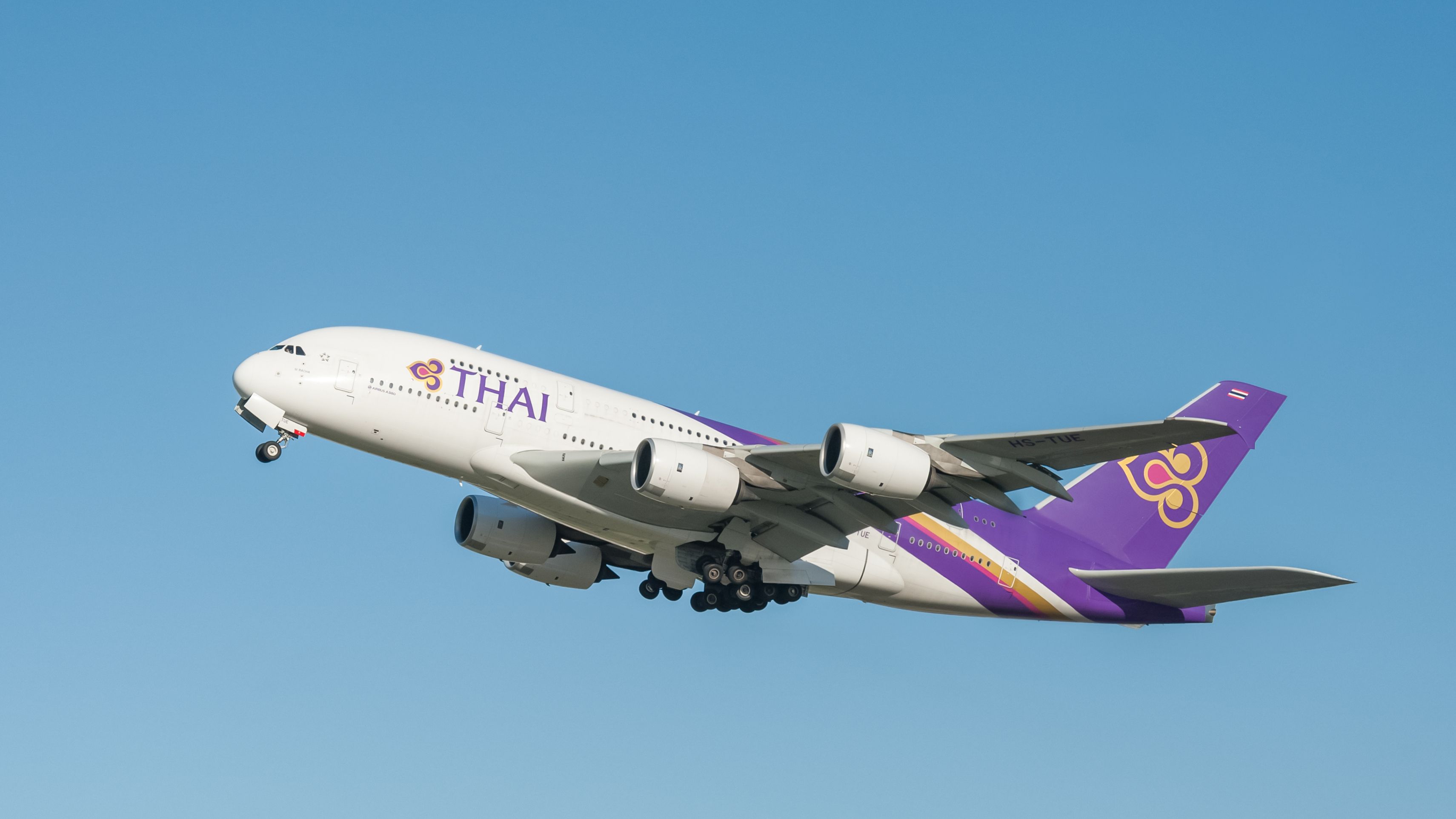 A Thai Airways Airbus A380 Flying in the sky.