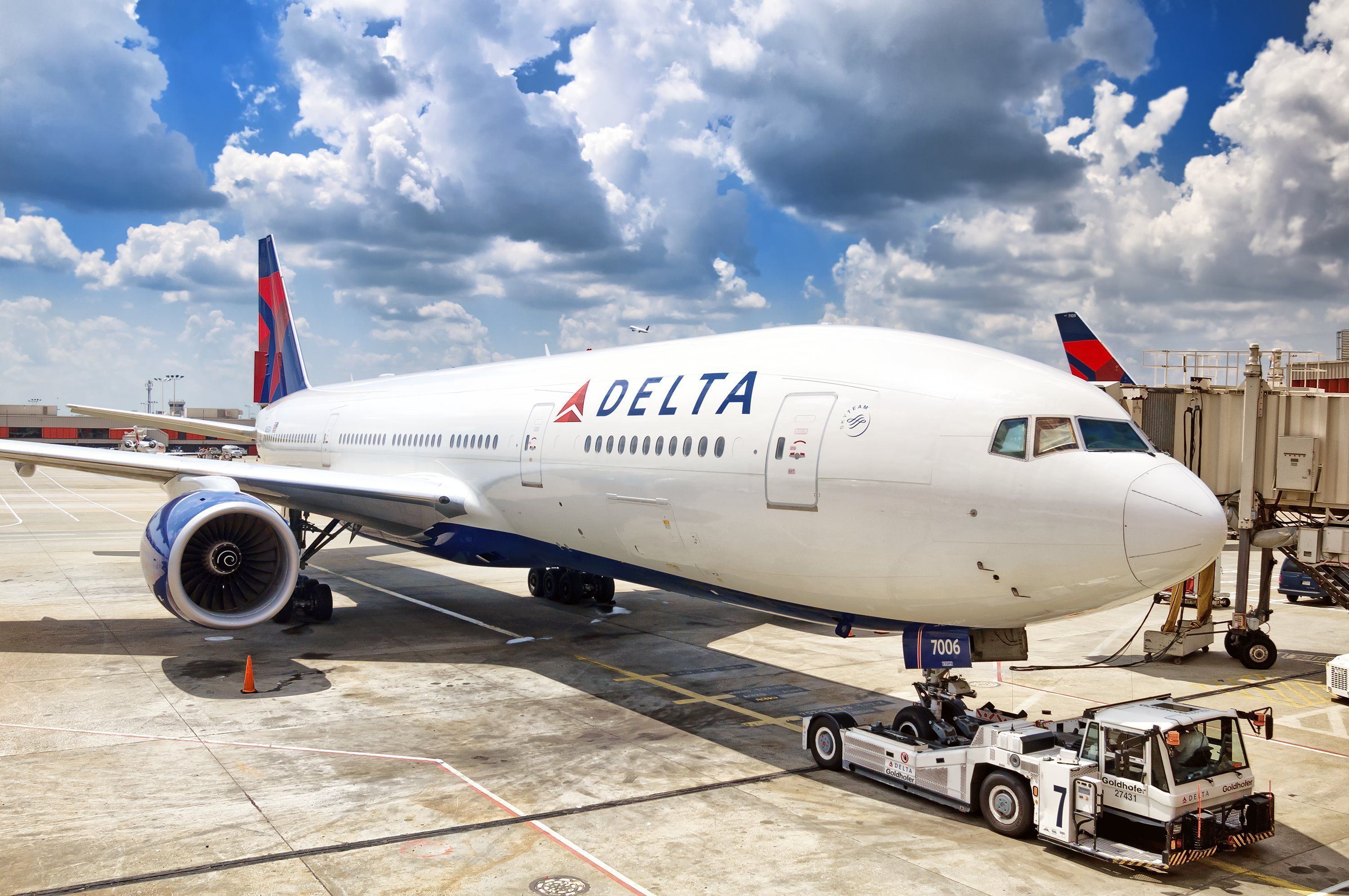 A Delta Air Lines Boeing 777 parked at ATL.