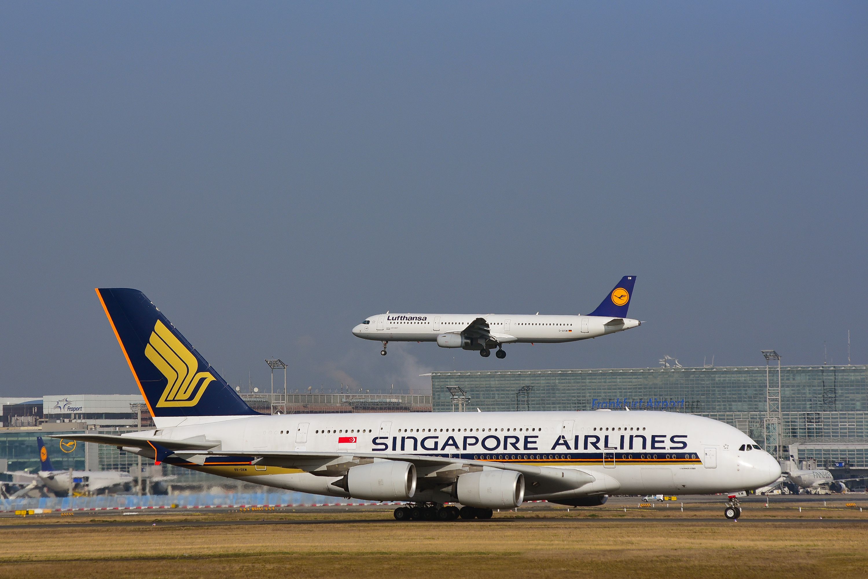 Singapore Airlines Airbus A380 taxiing through Frankfurt Airport.