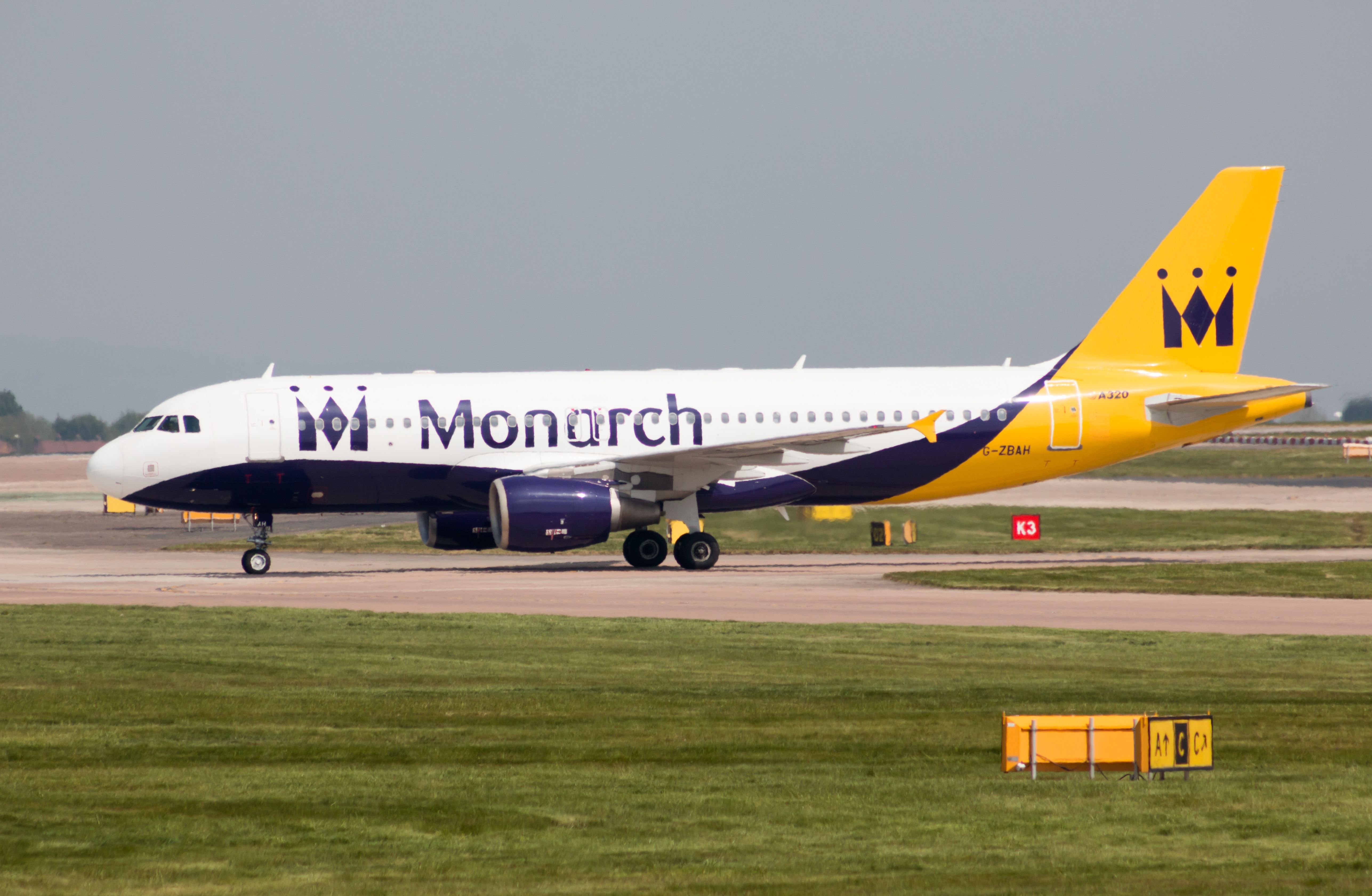 A Monarch Airbus A320 taxiing to the runway.