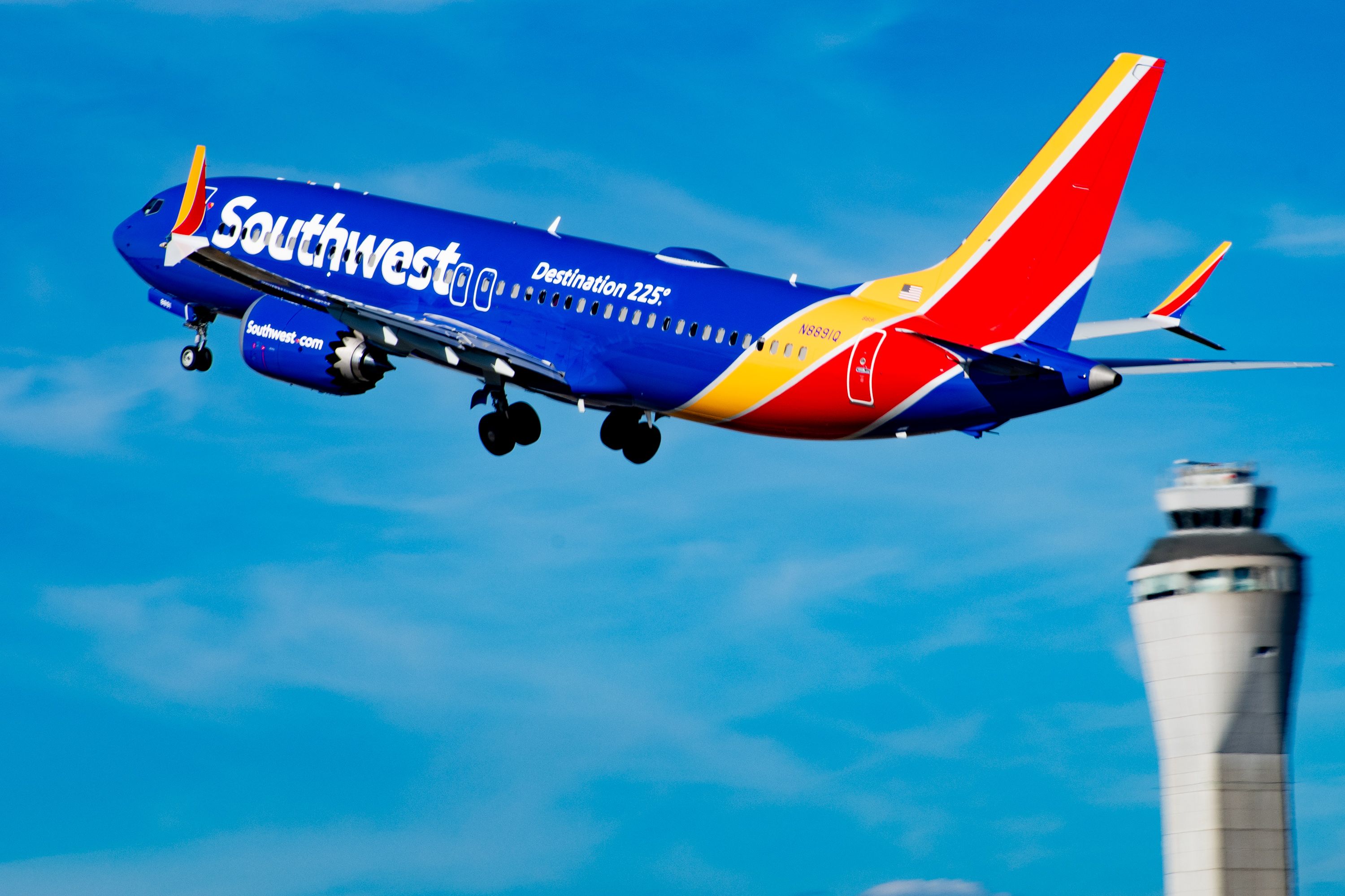 Southwest Airlines Destination 225 Boeing 737-8 MAX Rising Past SEA Tower