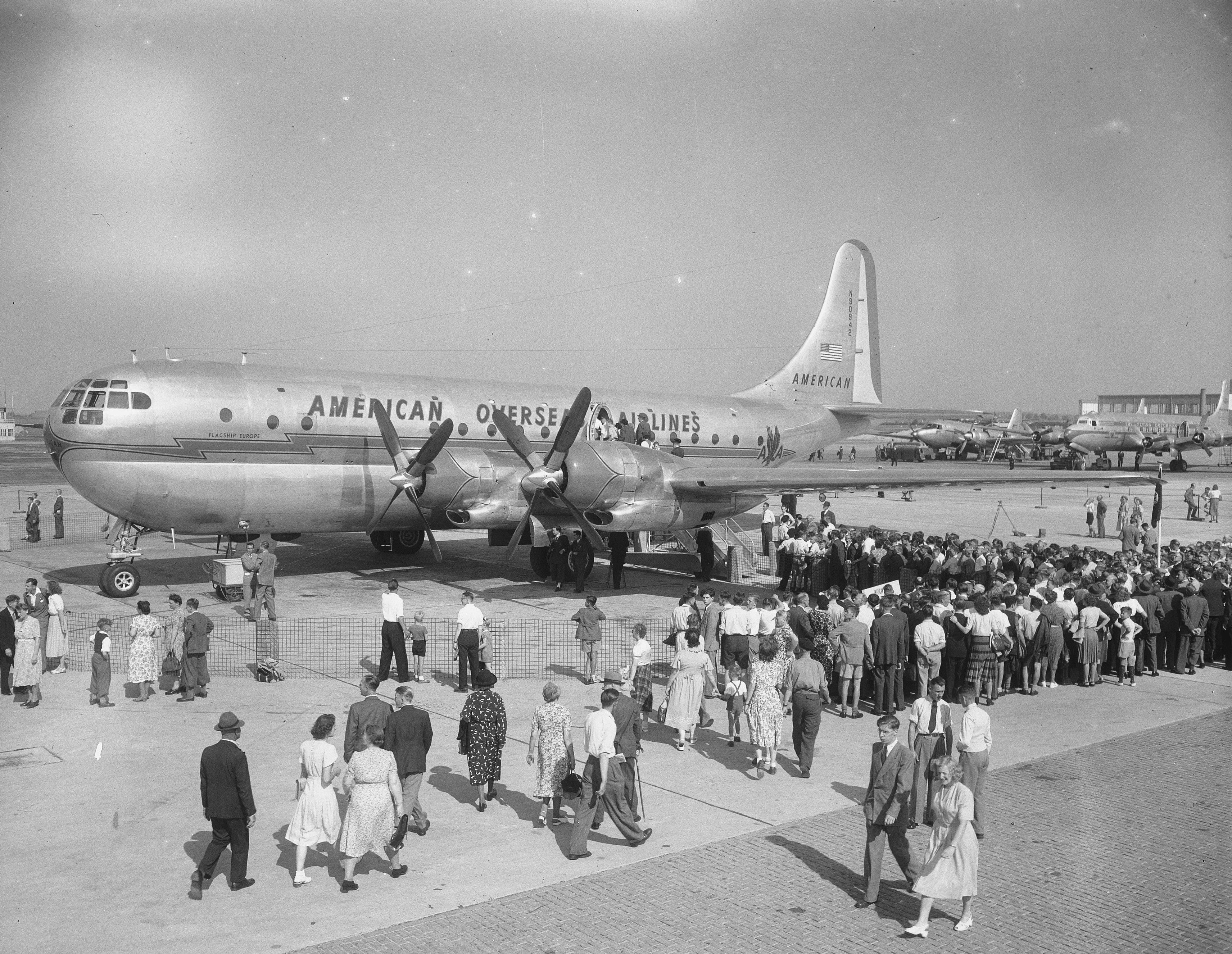 An American Airlines Stratocruiser parked at an airport.