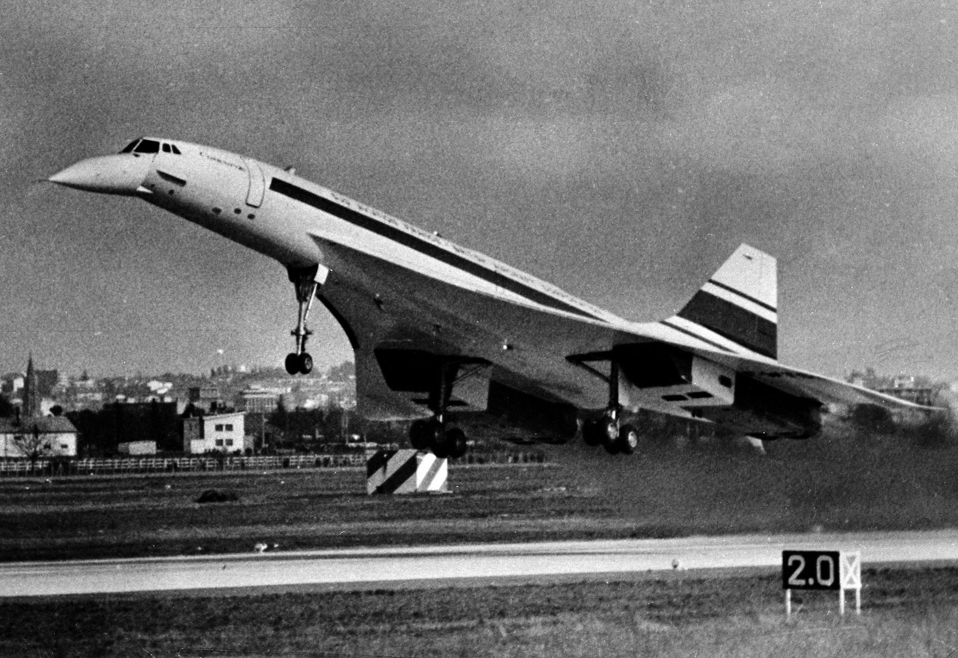 A photo of Concorde taking off for its first flight.
