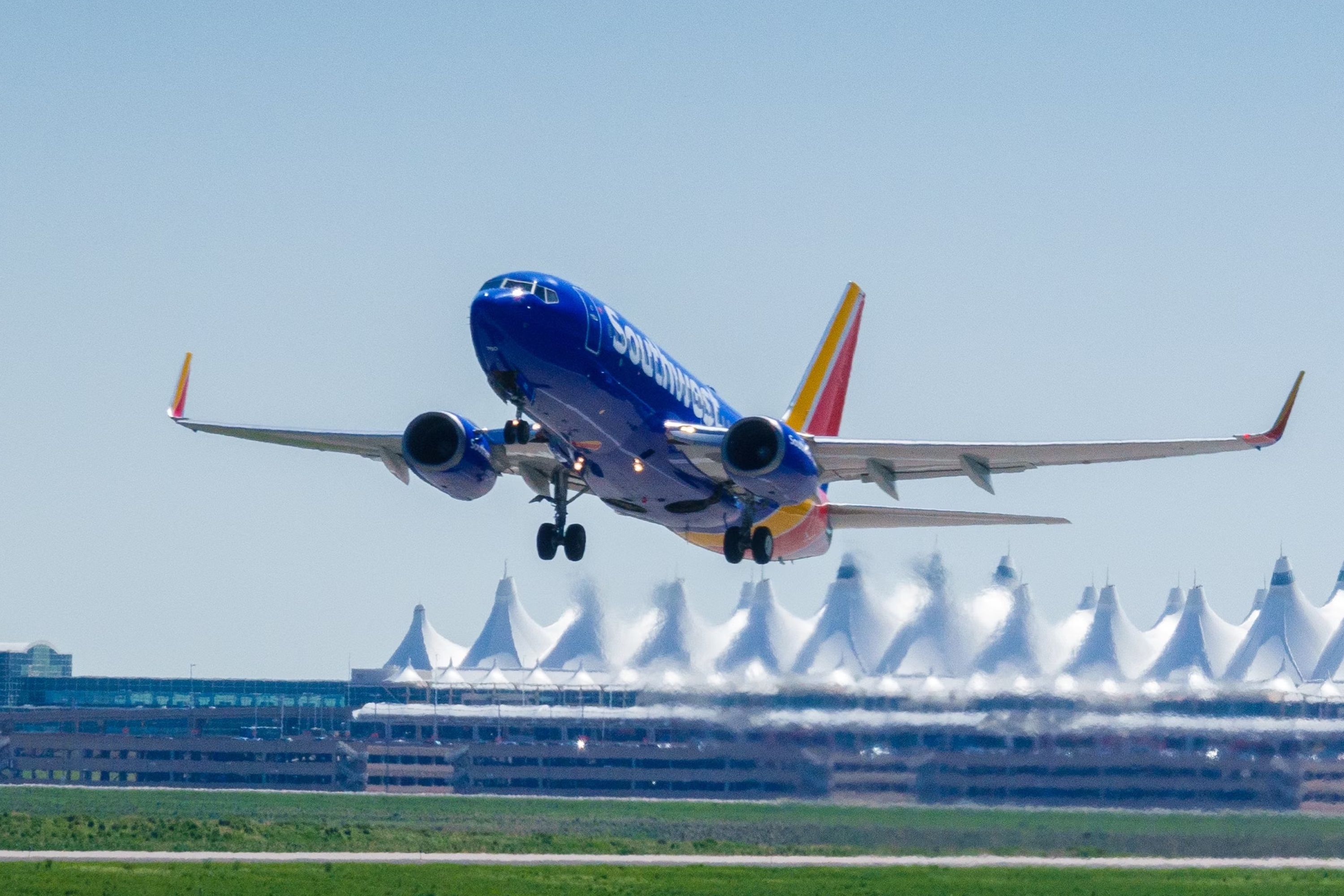 A Southwest Boeing 737 taking off from Denver Airport.