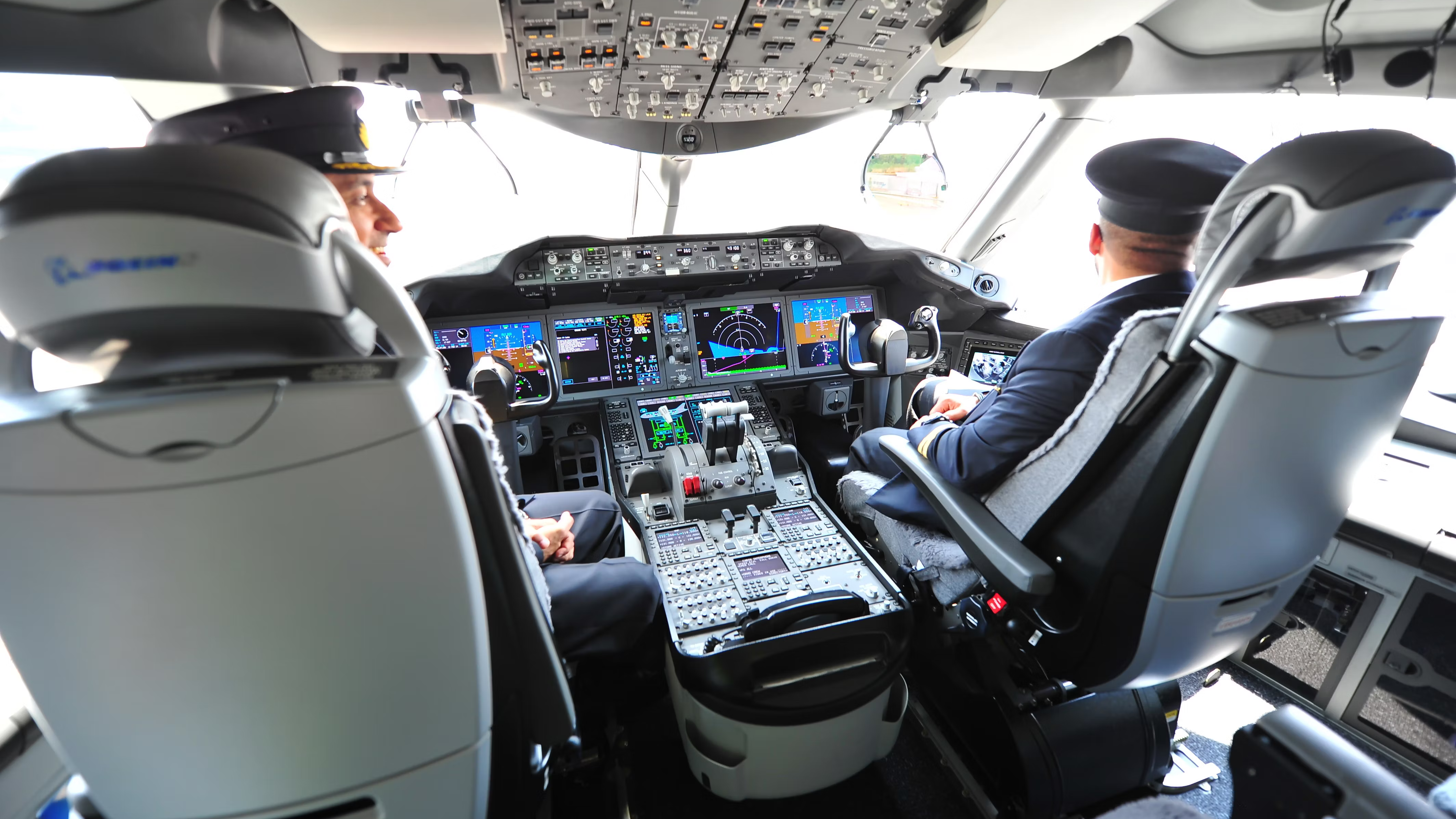 Inside the cockpit of a Boeing 787.