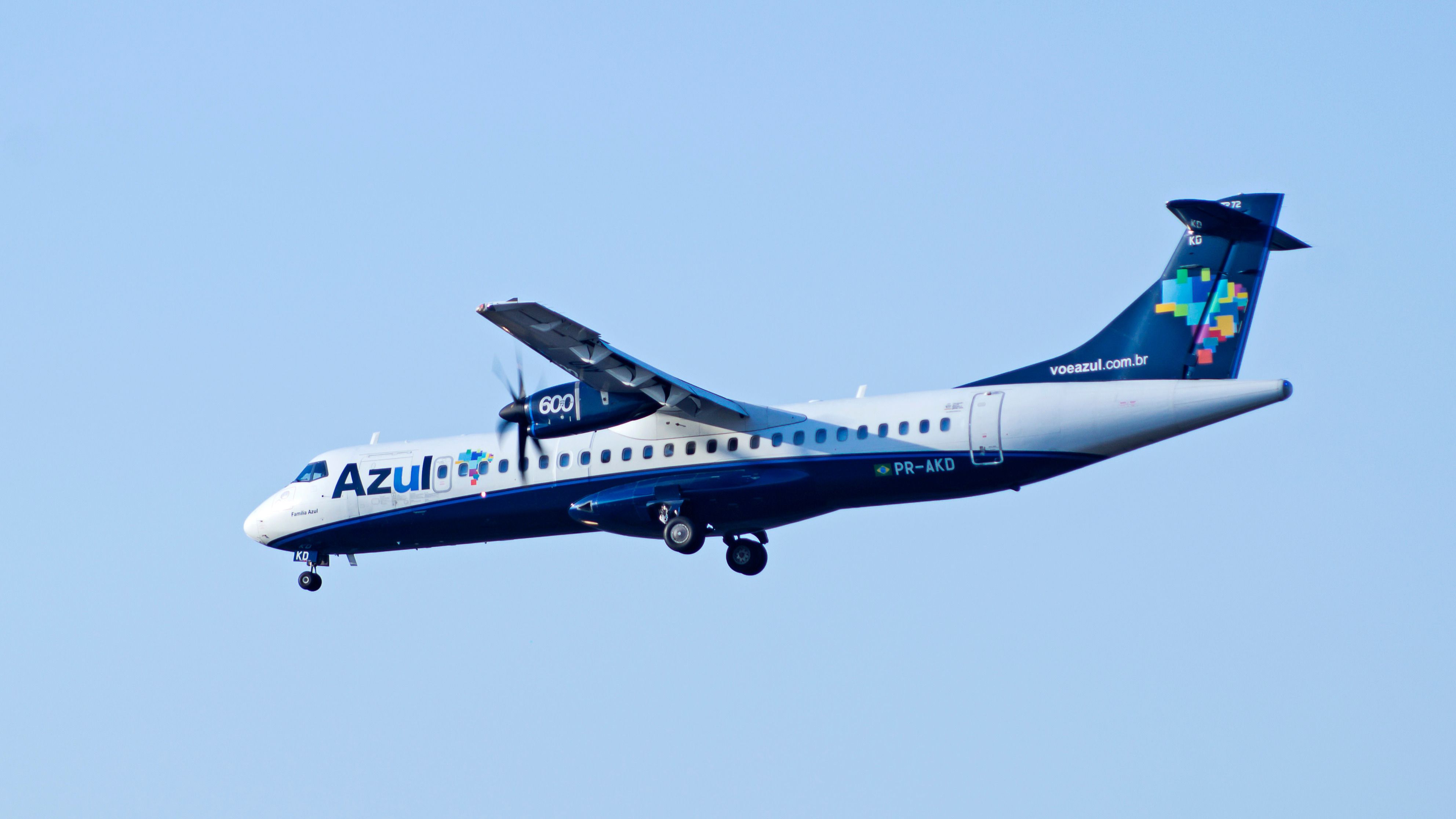 An Azul ATR-72-600 flying in the sky.