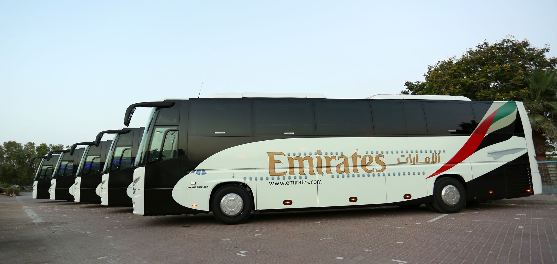 Several Emirates shuttle busses parked next to each other.