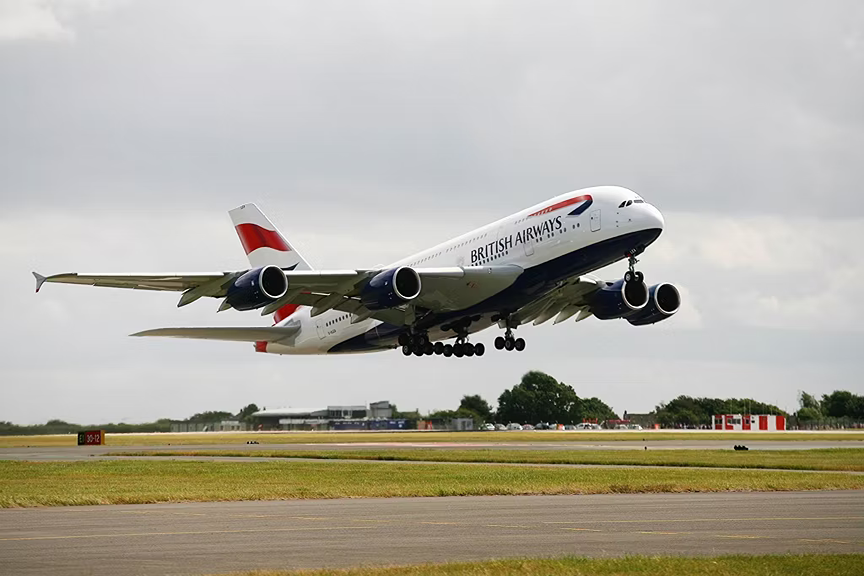 A British Airways Airbus A380 taking off.