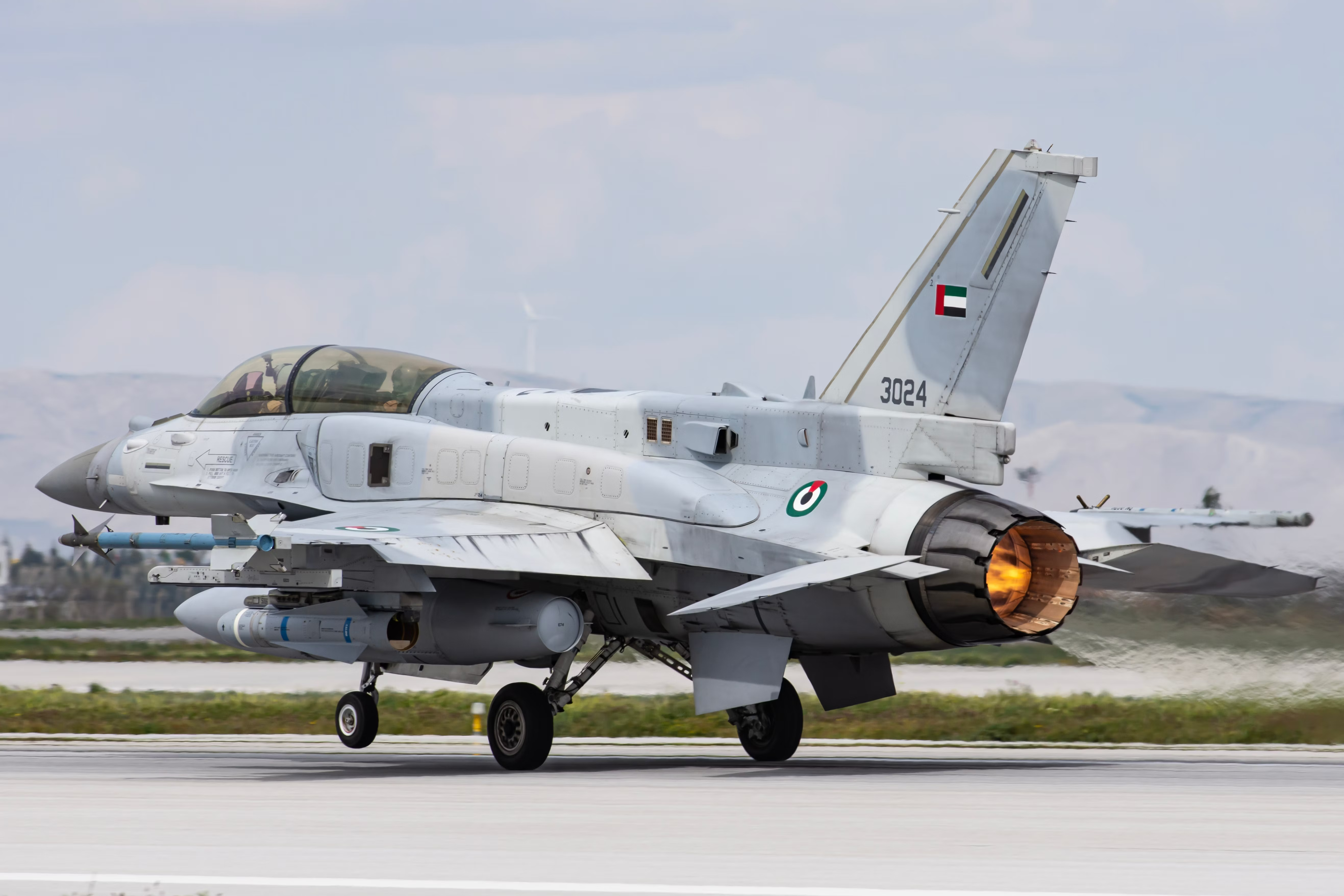 An F-16 of the UAE Air Force abuot to take off.