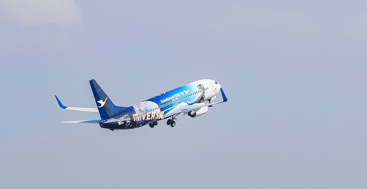 A Xiamen Airlines aircraft in Universal Beijing Resort Jurassic World Isla Nublar livery taking off.