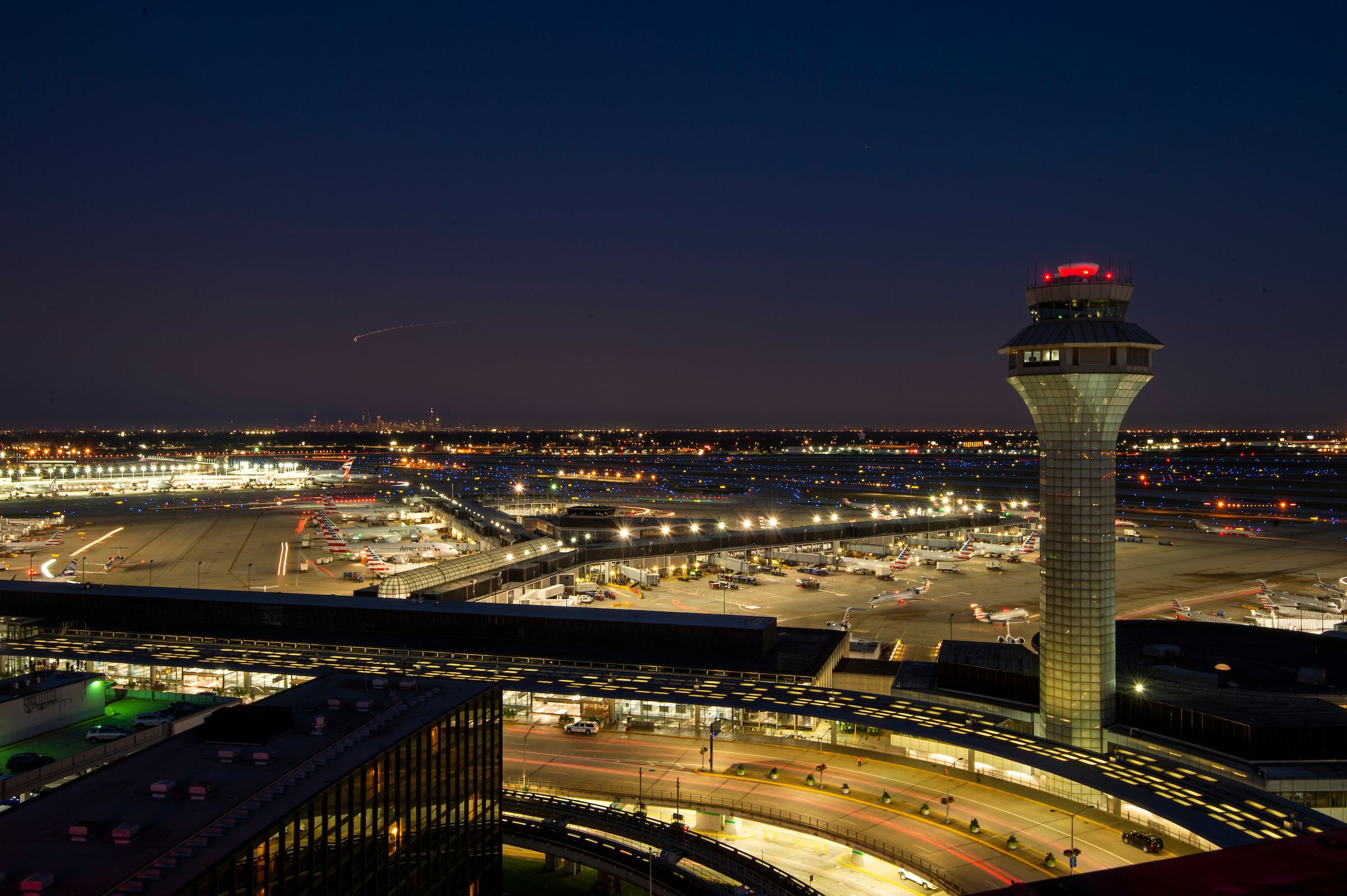 A Panoramic view of Chicago O'Hare Airport at night.
