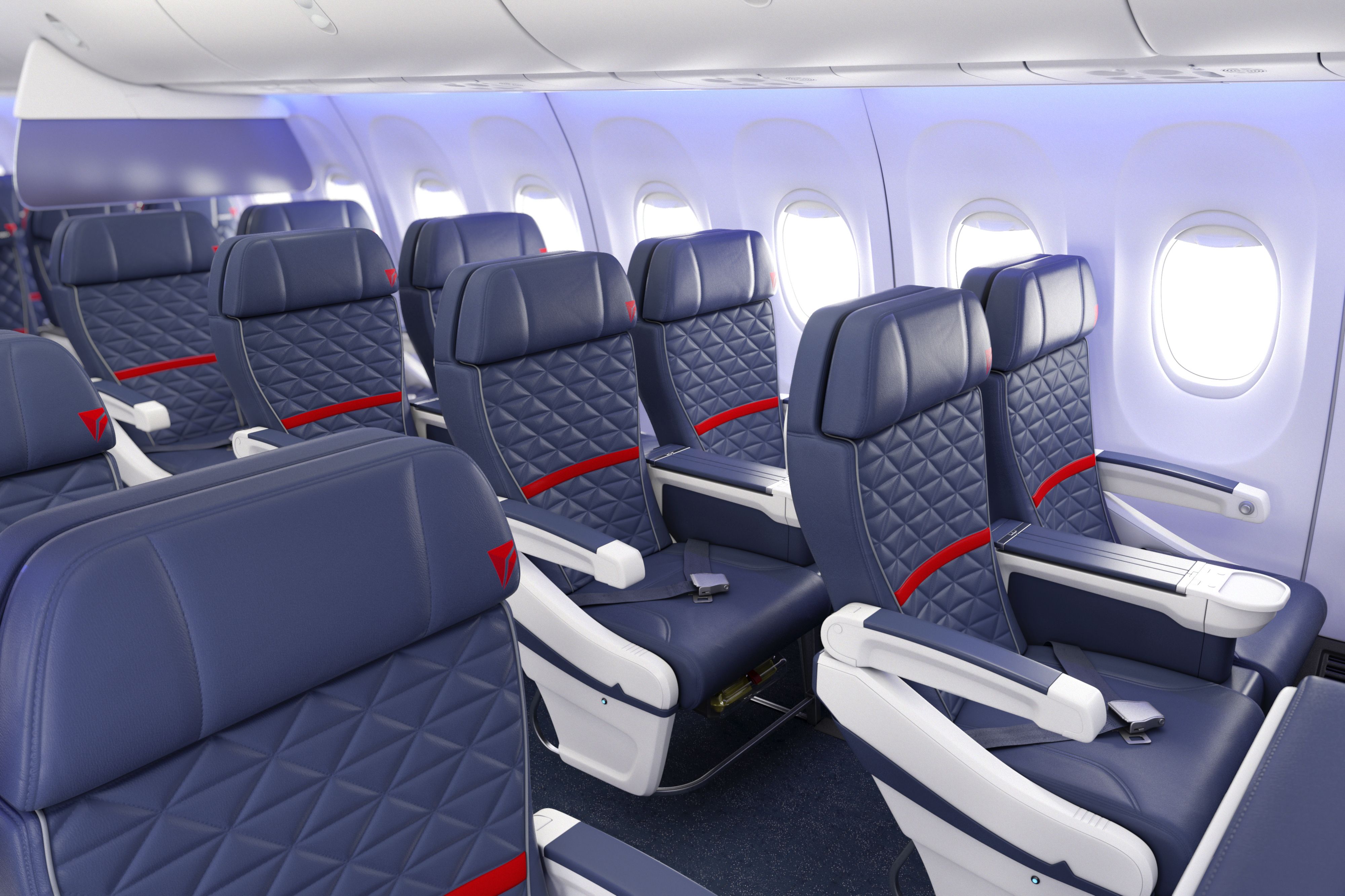 Interior view of the first class cabin of a Boeing 737-900 of Delta Air Lines.