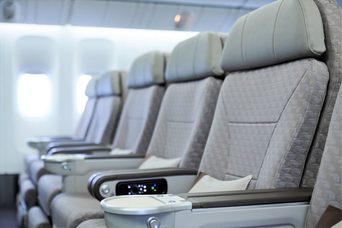 A closeup of a couple of EVA Air Premium Economy seats.