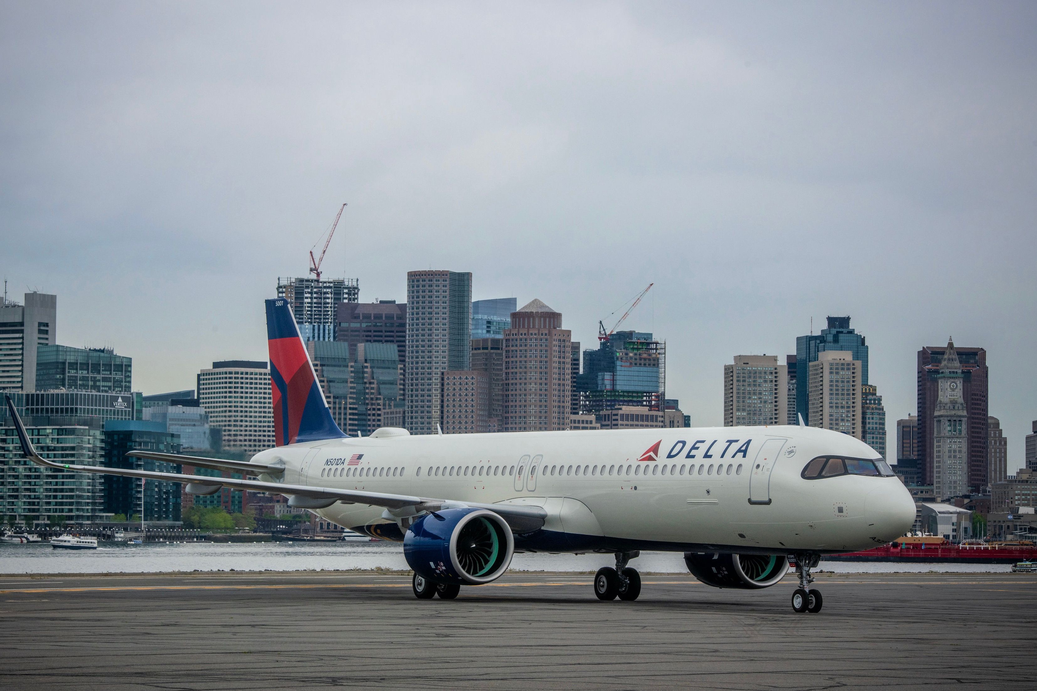 A Delta Air Lines Airbus A321neo on the ground at Boston Logan Airport.