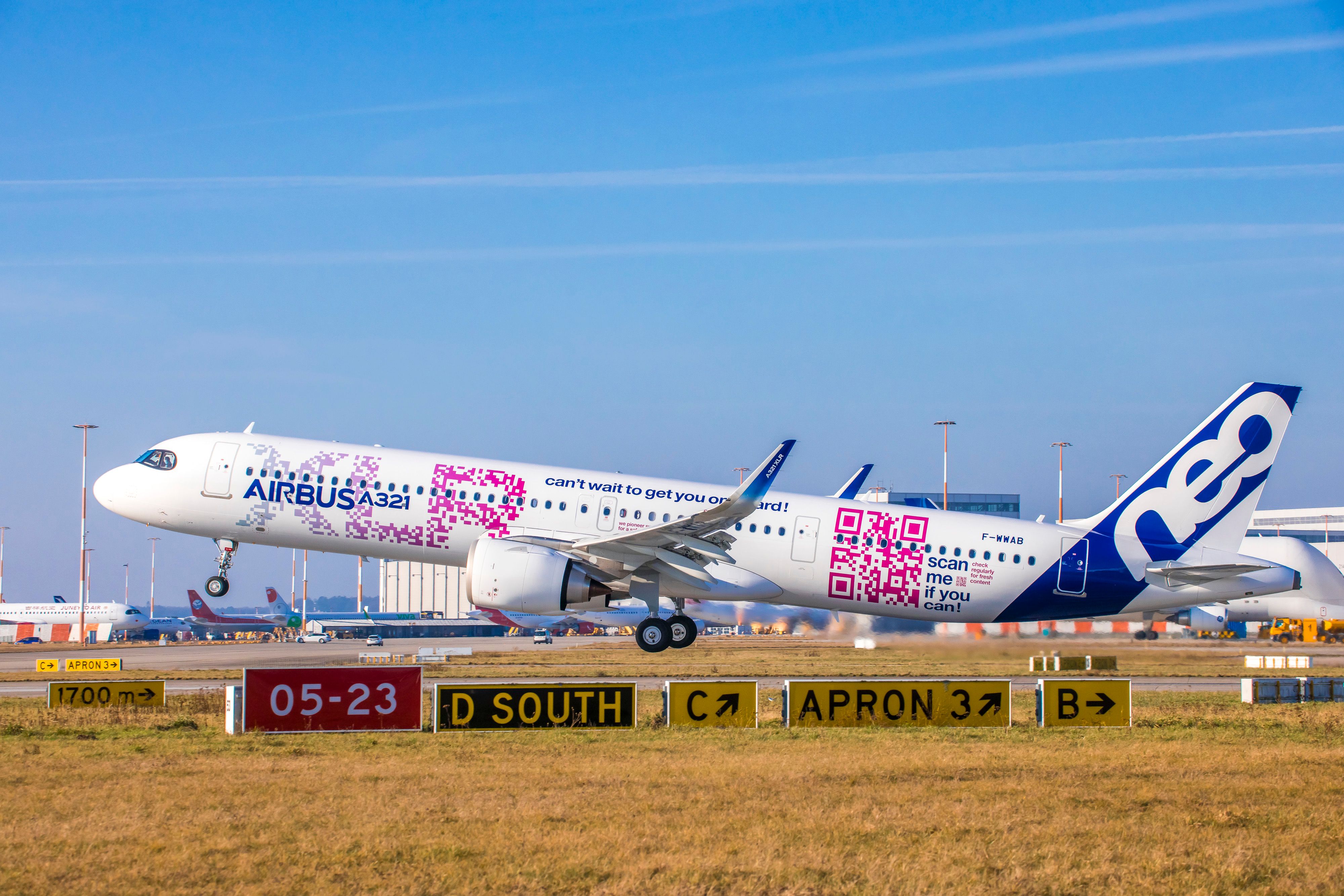 The A321XLR in Giant QR Code Livery just after take off.