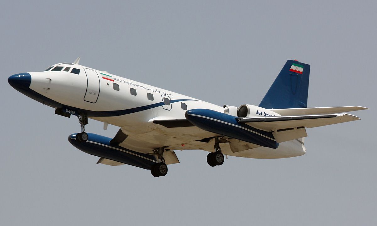 An Iranian Government Lockheed JetStar flying in the sky.