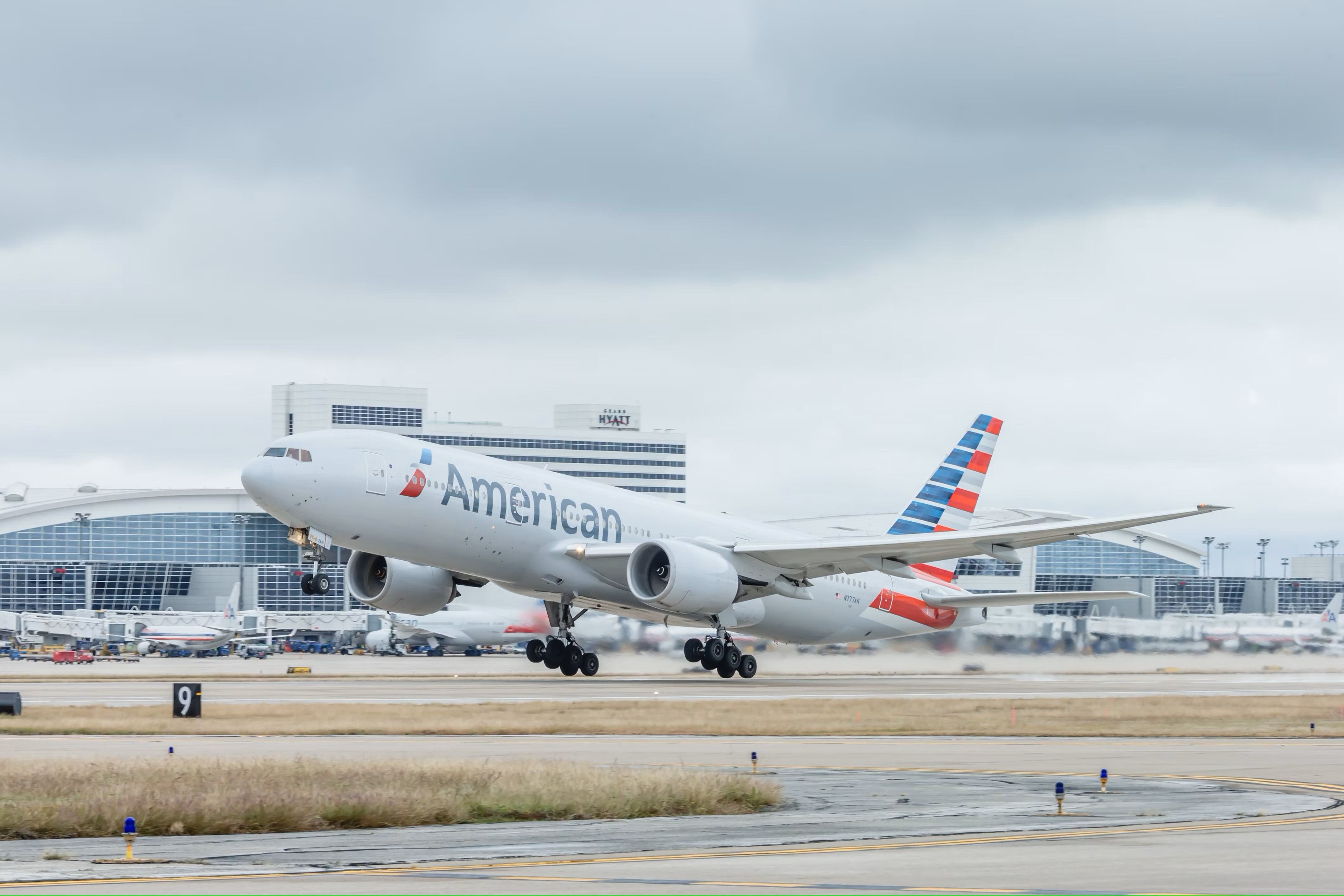 An American Airlines aircraft taking off at DFW.