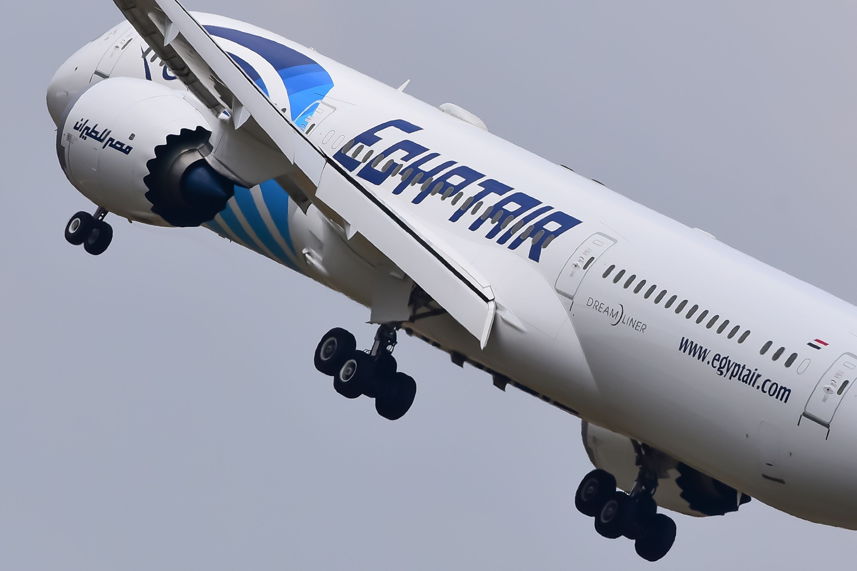 An Egyptair Boeing 787-9 flying in the sky.