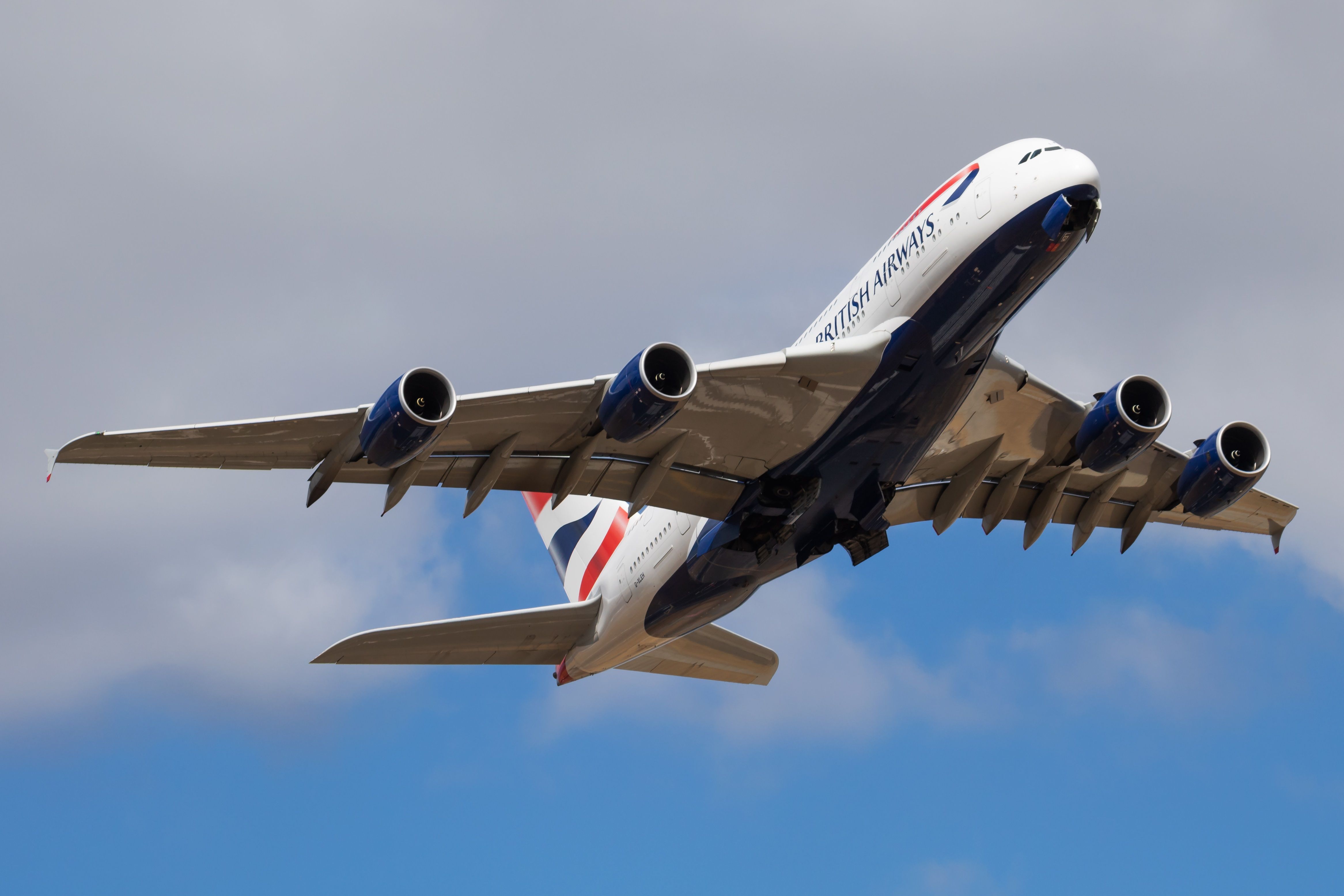 A British Airways A380 taking off.
