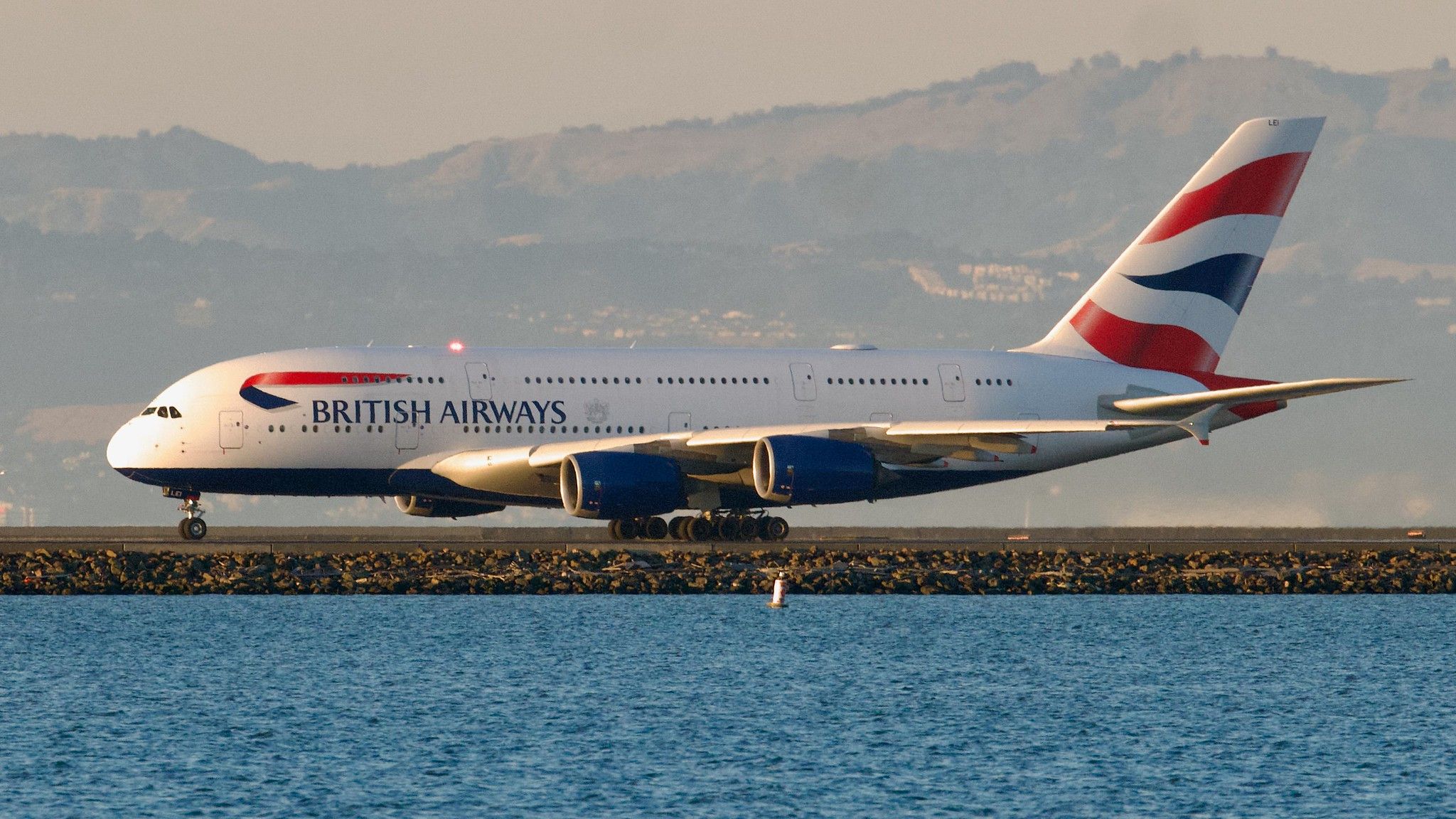 A British Airways Airbus A380 -800 taxiing to the runway.