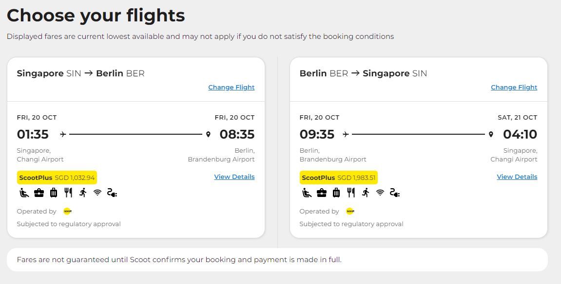 A screenshot showing the ScootPlus fares flying round trip from Singapore to Berlin.