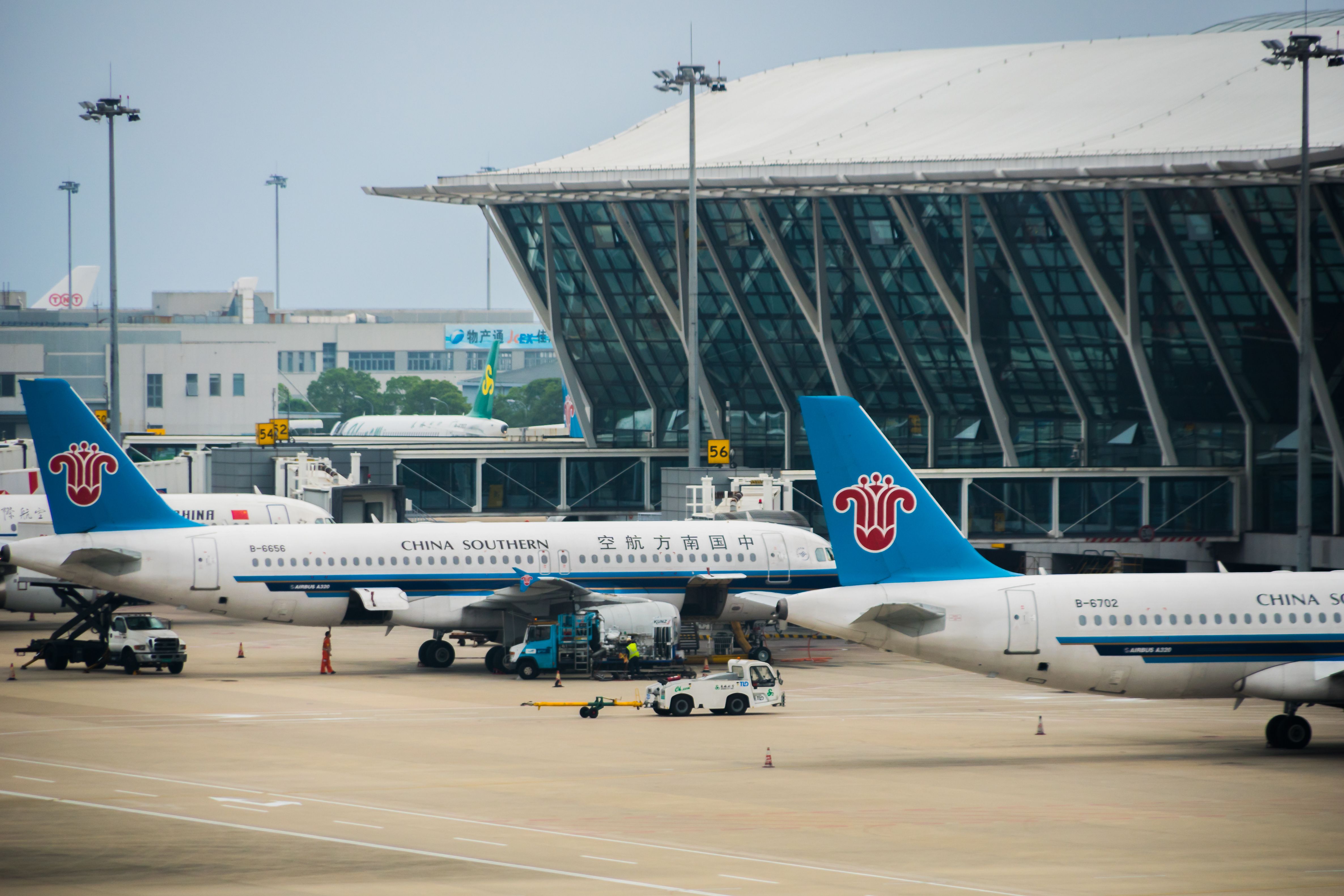 Multiple China Southern Airlines aircraft parked at Shanghai Pudong airport.