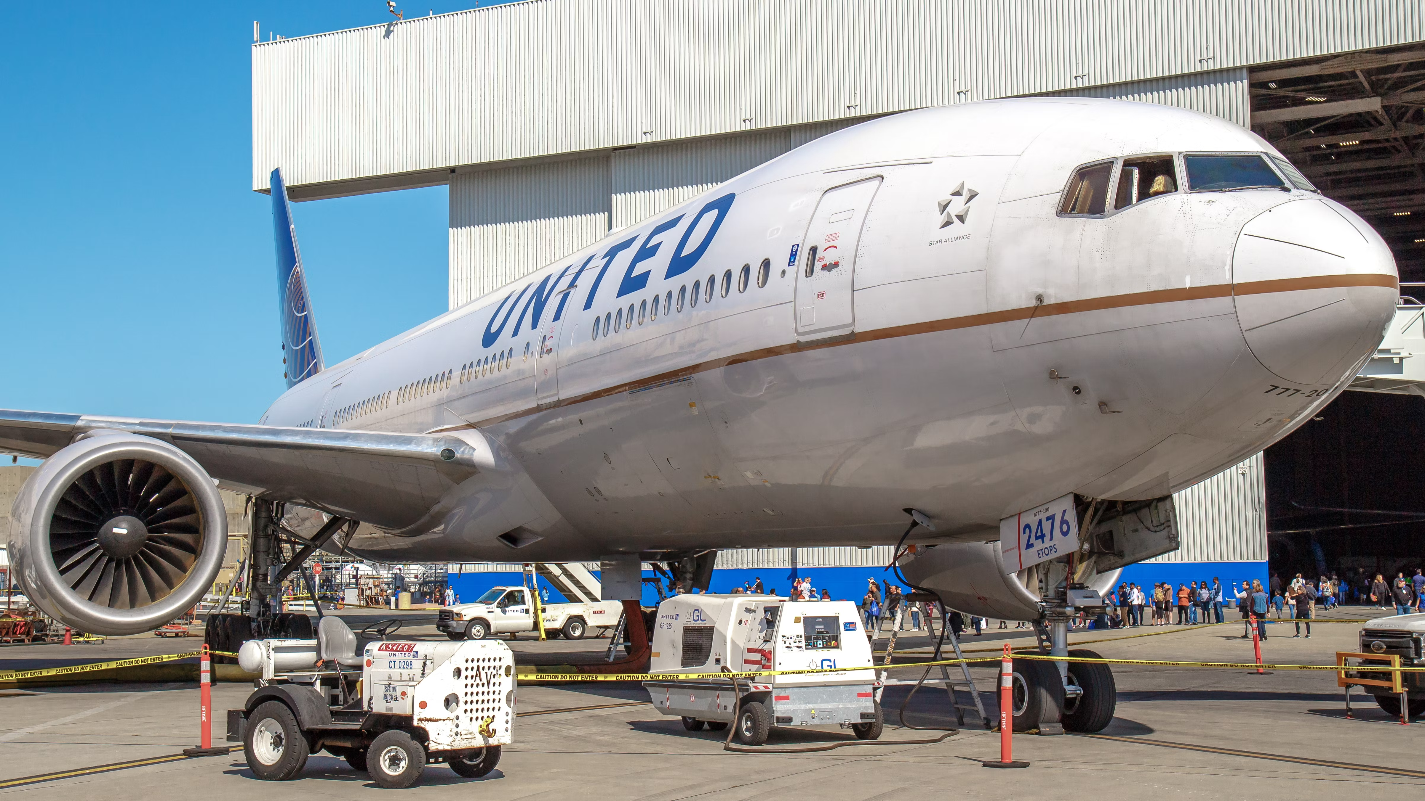 A United Boeing 777 parked during a maintenance check.