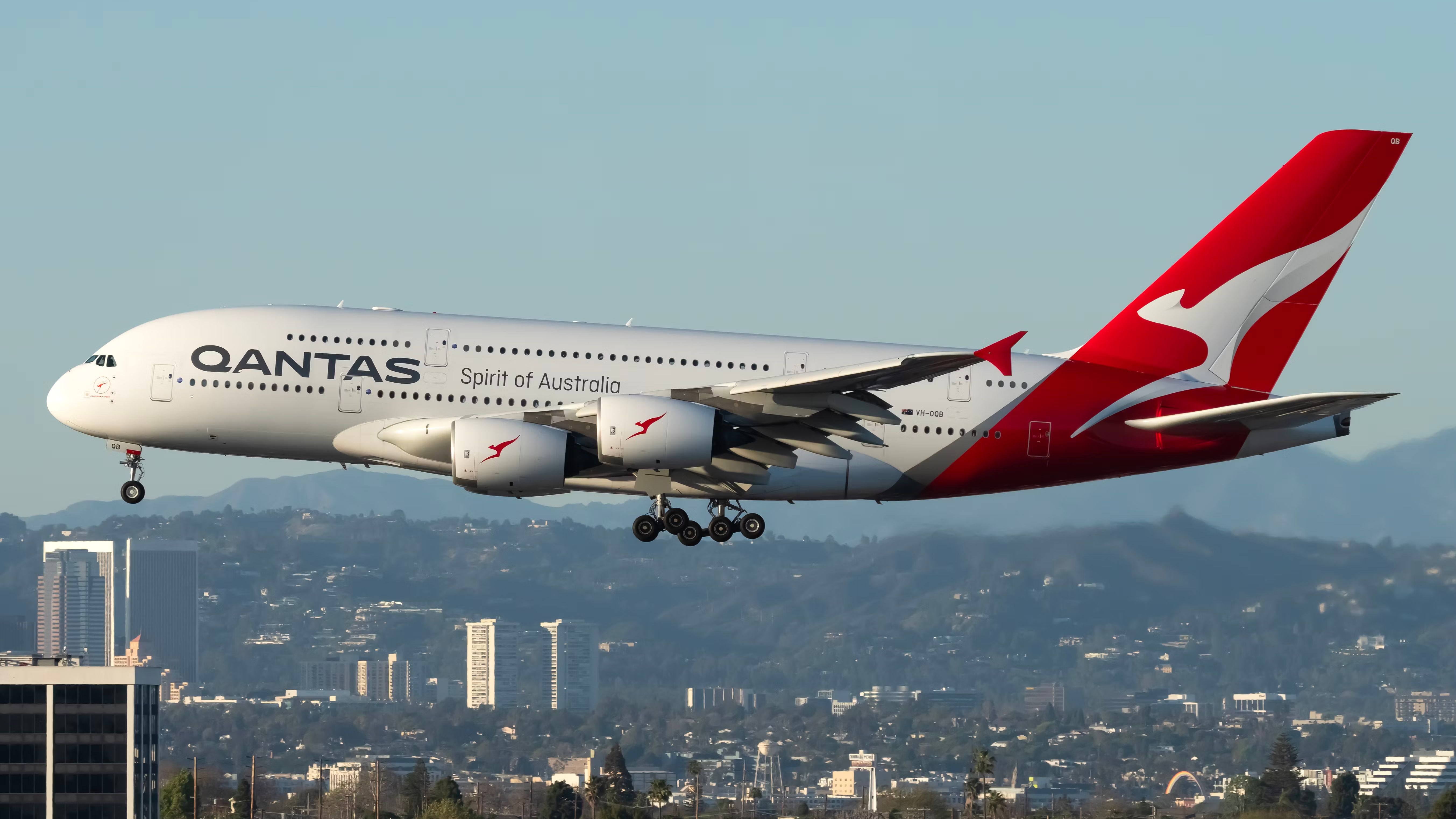 Qantas Airbus A380 landing at Los Angeles International Airport