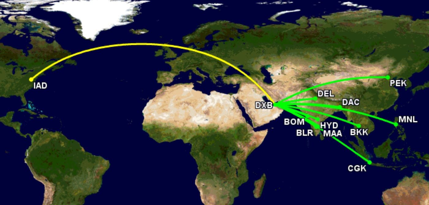 Emirates 10 largest Dulles transit markets in May 2023