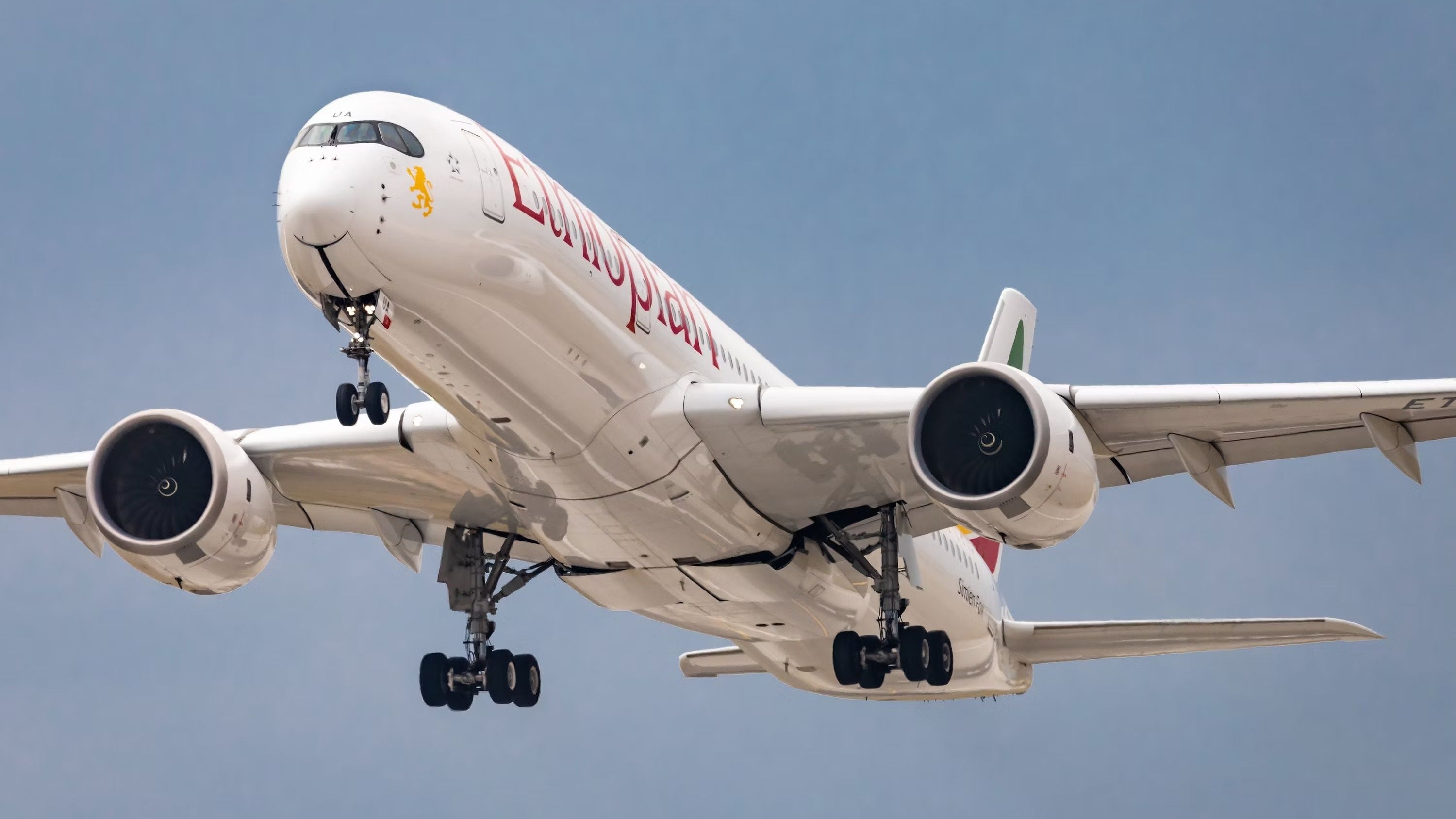 An Ethiopian Airlines Airbus A350-900 about to land.