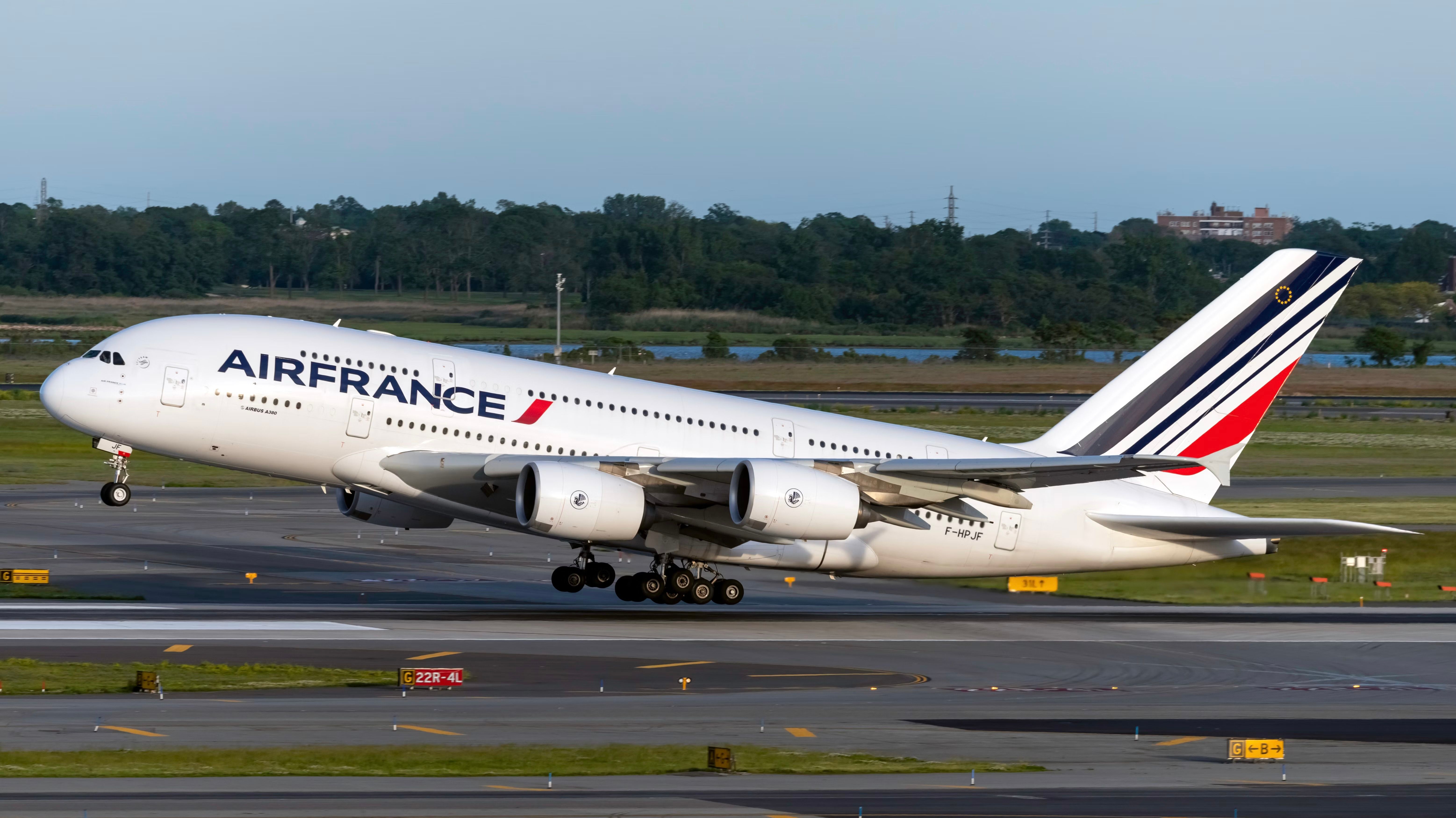An Air France Airbus A380 taking off.