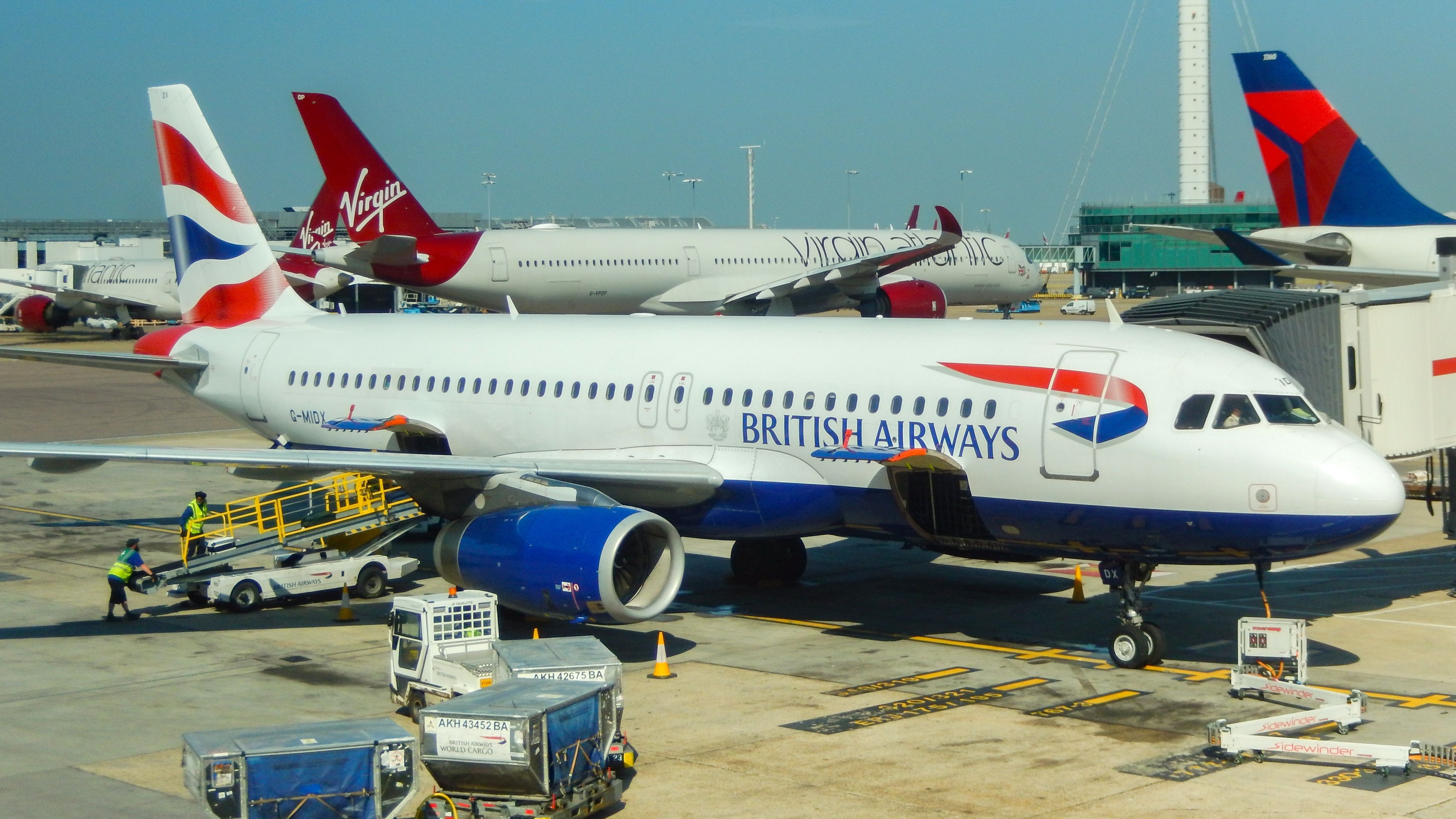 A British Airways Airbus A320 parked at London Heathrow Airport.