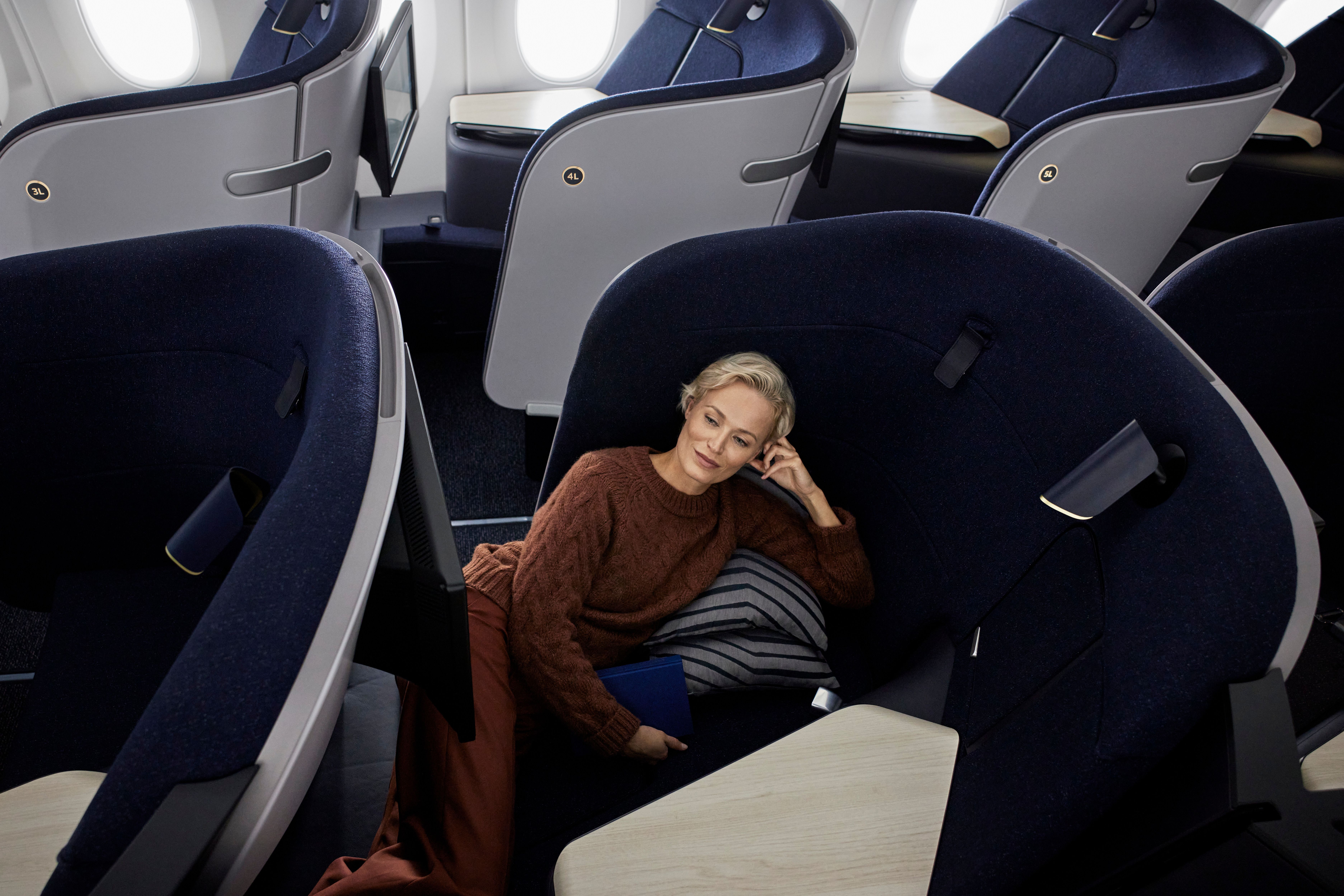 Inside the Finnair Airbus A350 business class cabin.
