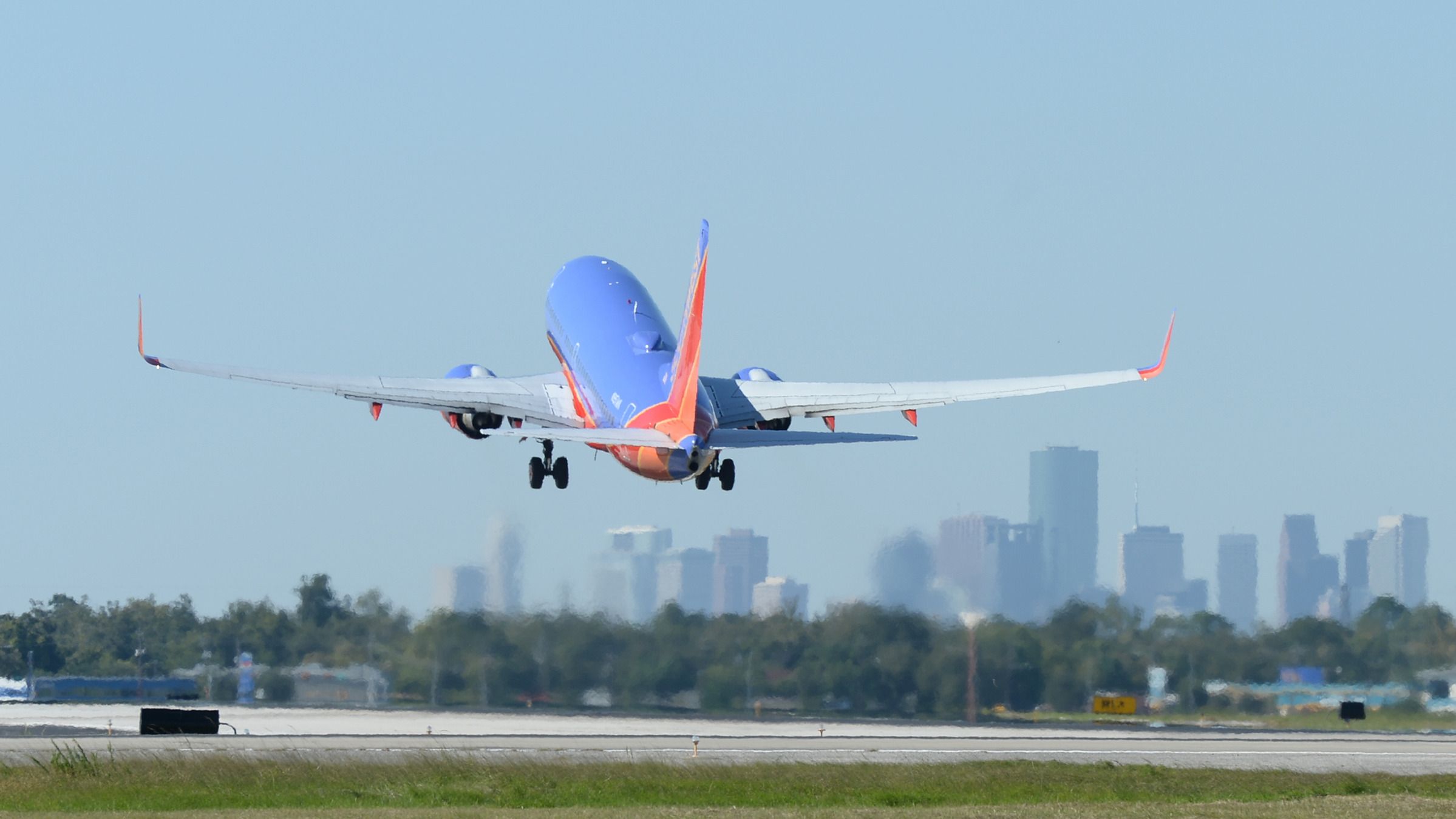 A Southwest Airlines plane takes off from Houston Hobby Airport 