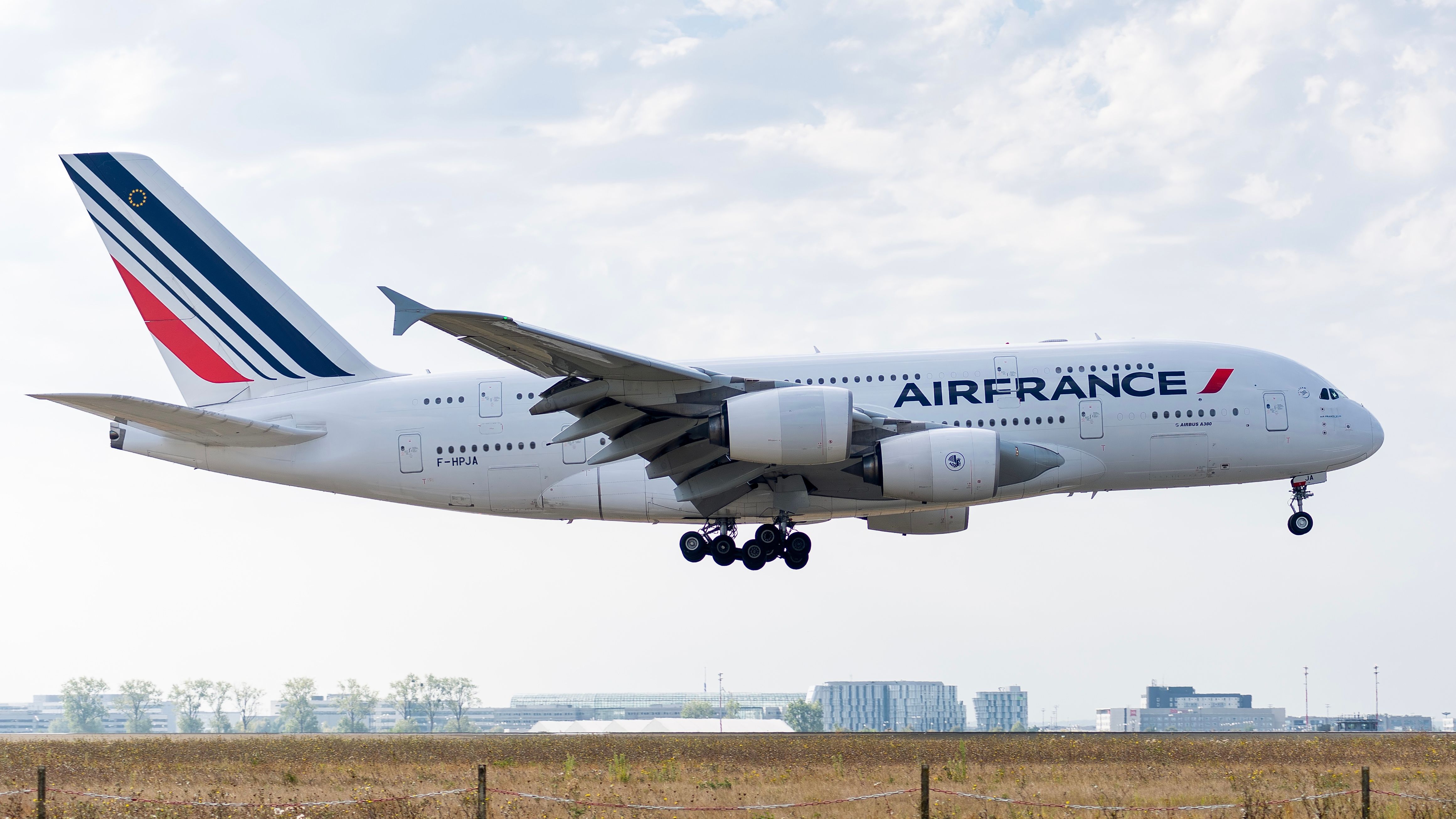 An Air France Airbus A380 about to land.