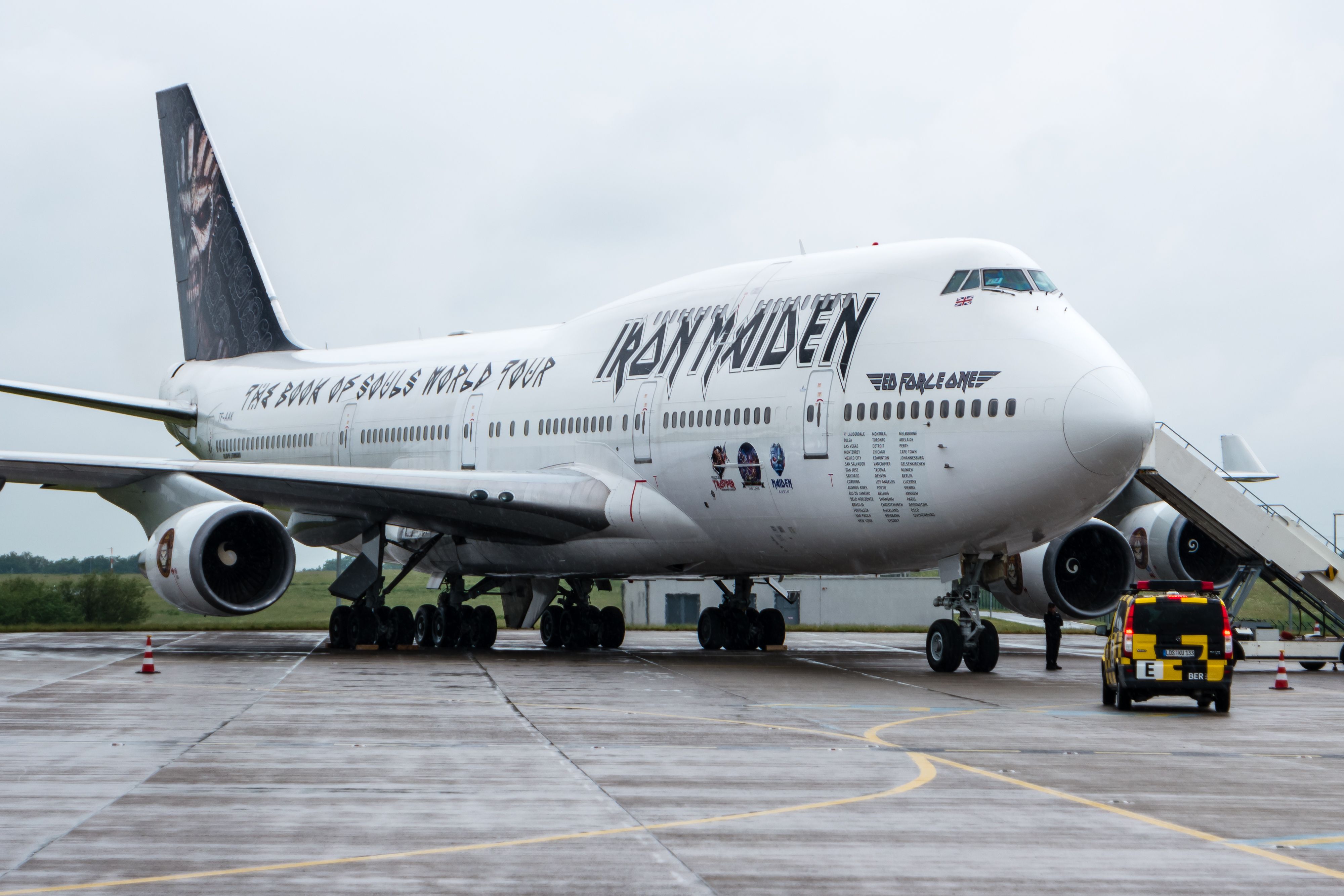 Iron Maiden's Boeing 747 Ed Force One parked at an airport.