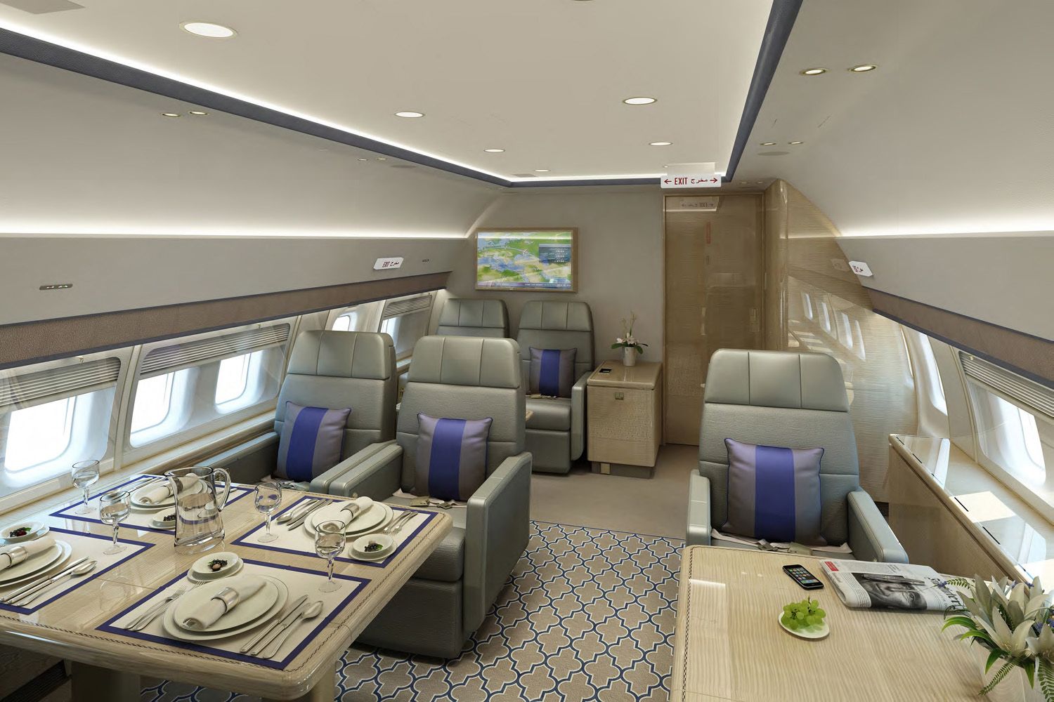 Inside the main cabin area of a BBJ 737.