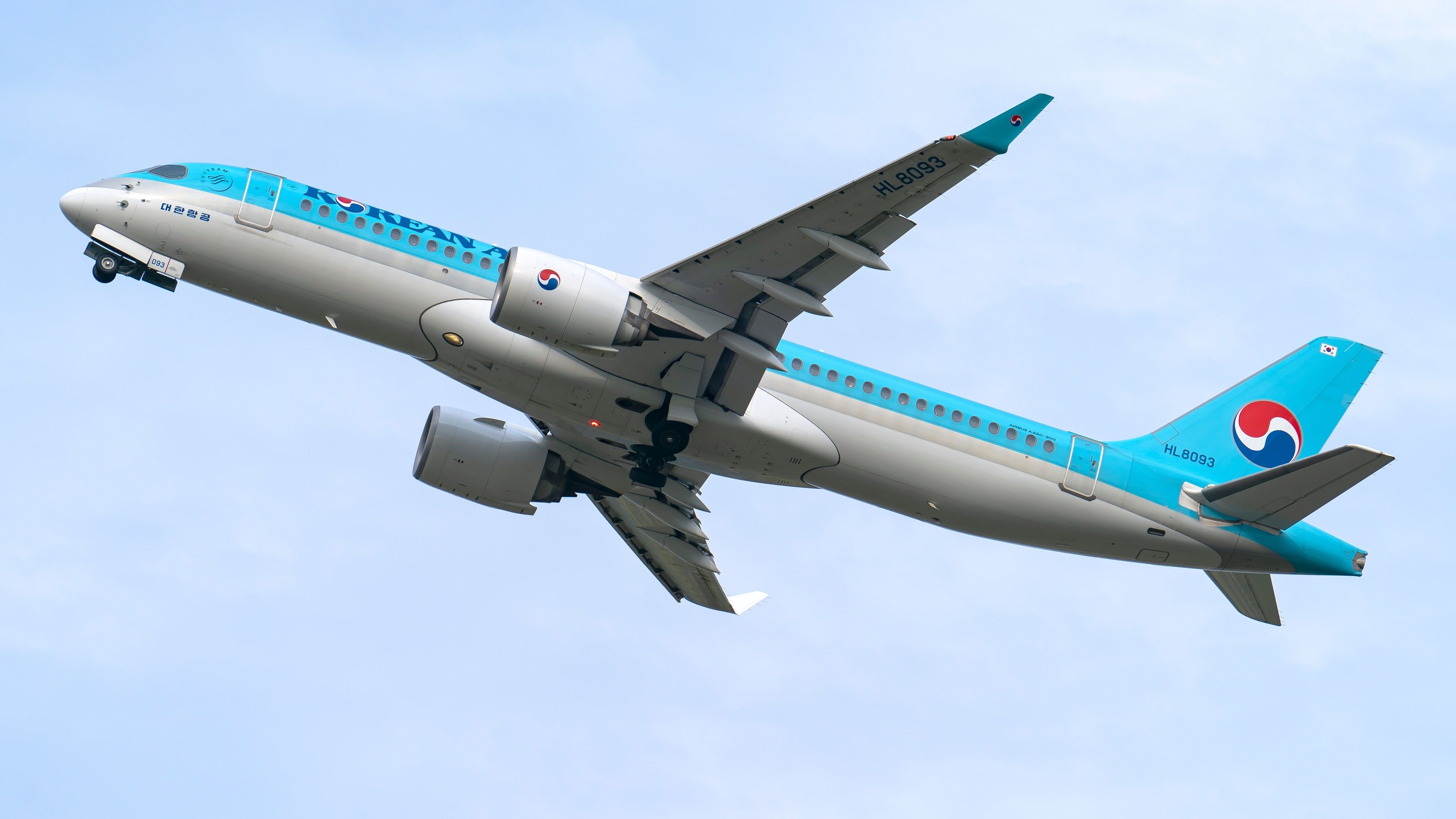 A Korean Air Airbus A220 flying in the sky.