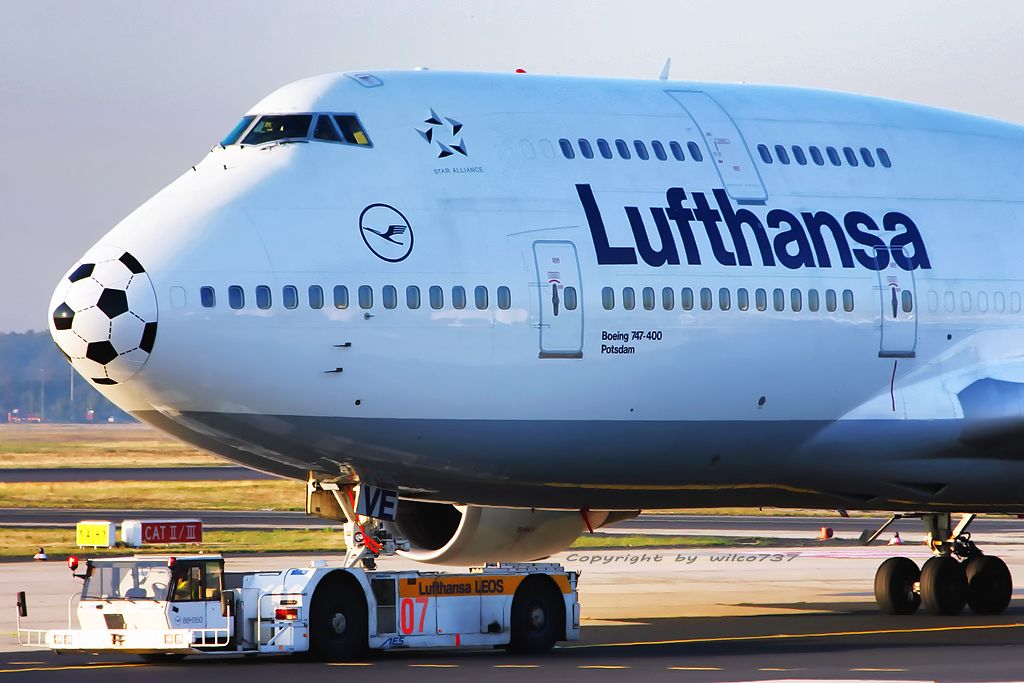 A Lufthansa Boeing 747-400 being pushed back.