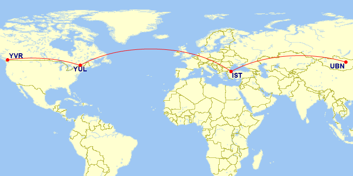 map with trip from vancouver to ulaanbaatar