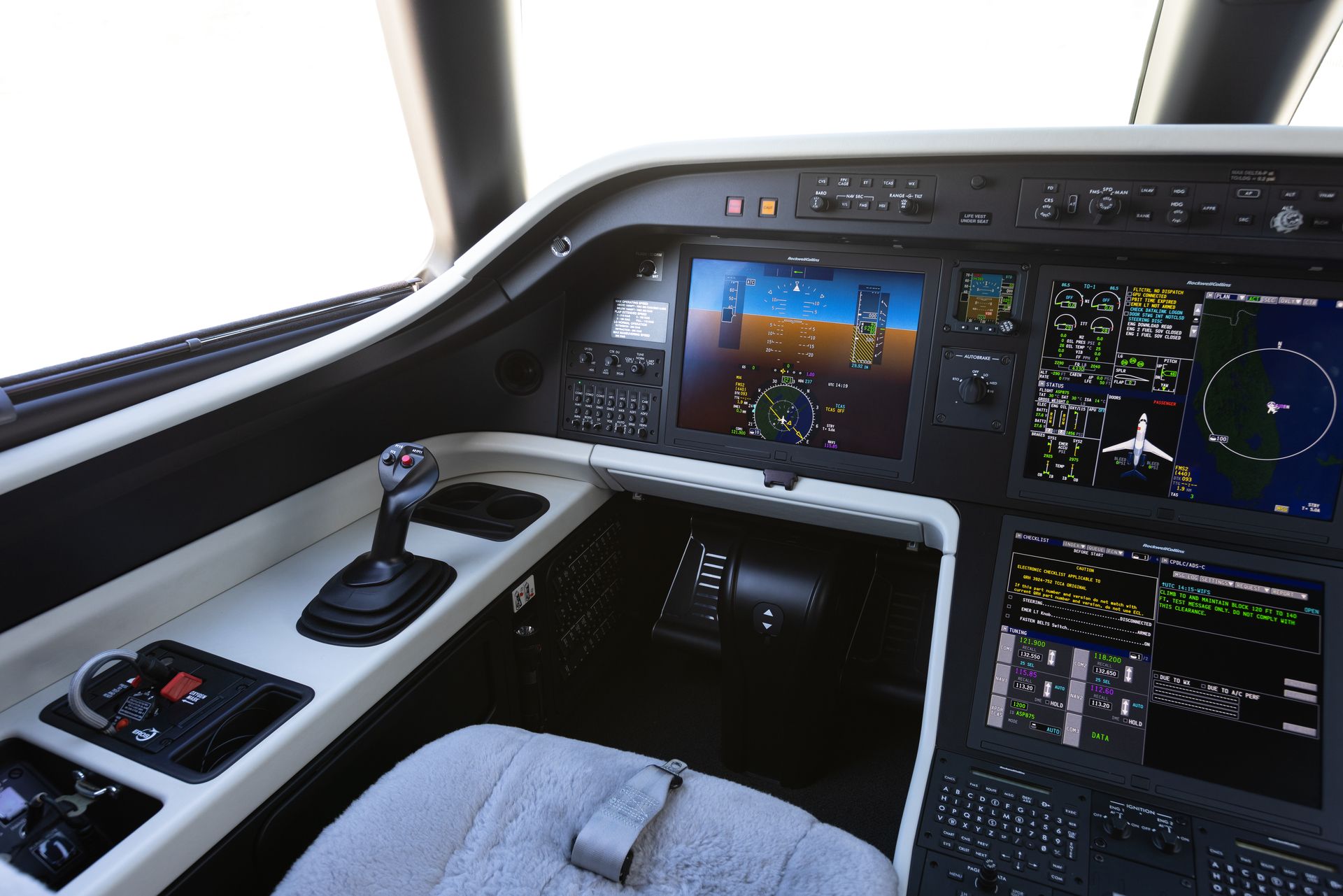 The captain's seat area of an Embraer Praetor Aircraft.