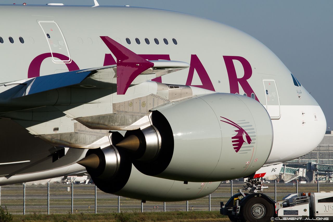 A Qatar Airways Airbus A380-861being pushed back.