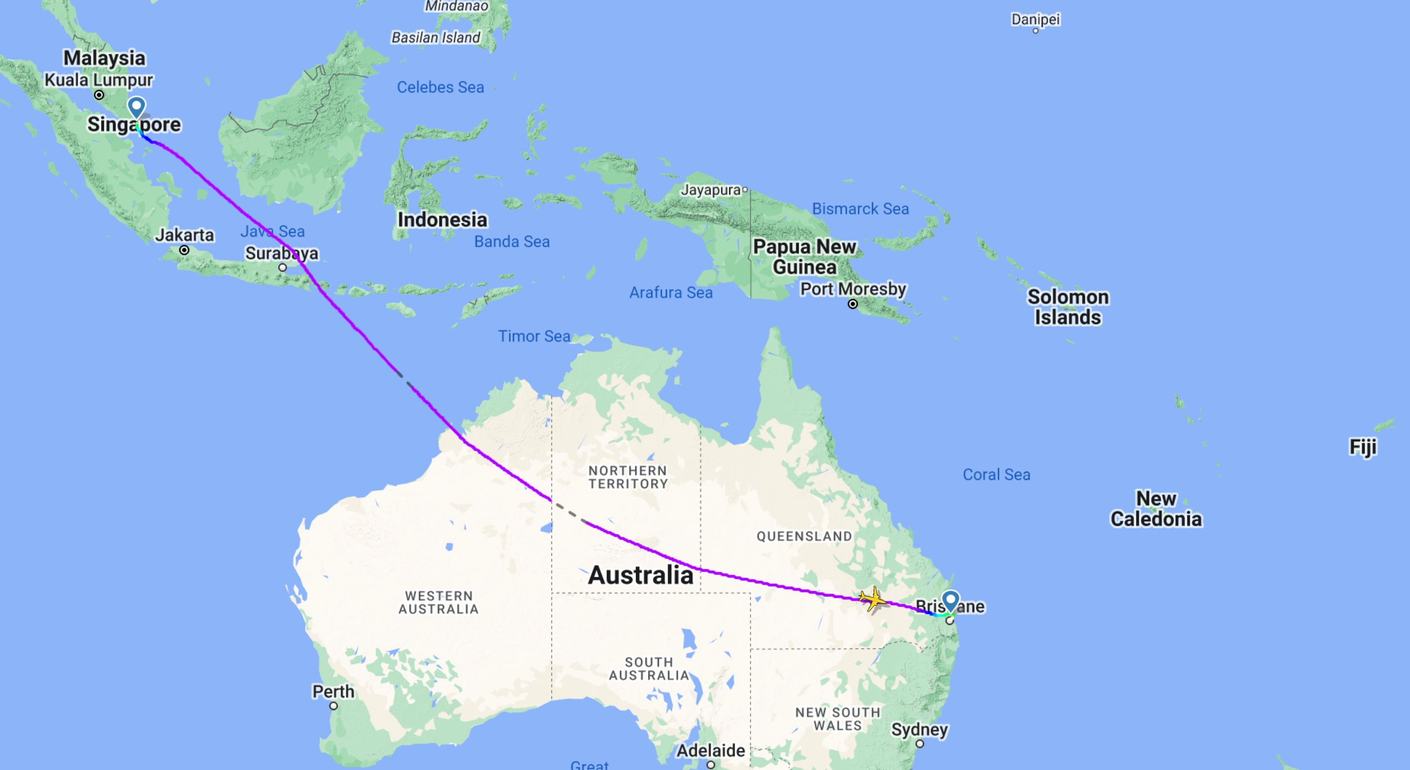 Rex Boeing 737-800 VH-8JS SIN-BNE delivery flight map