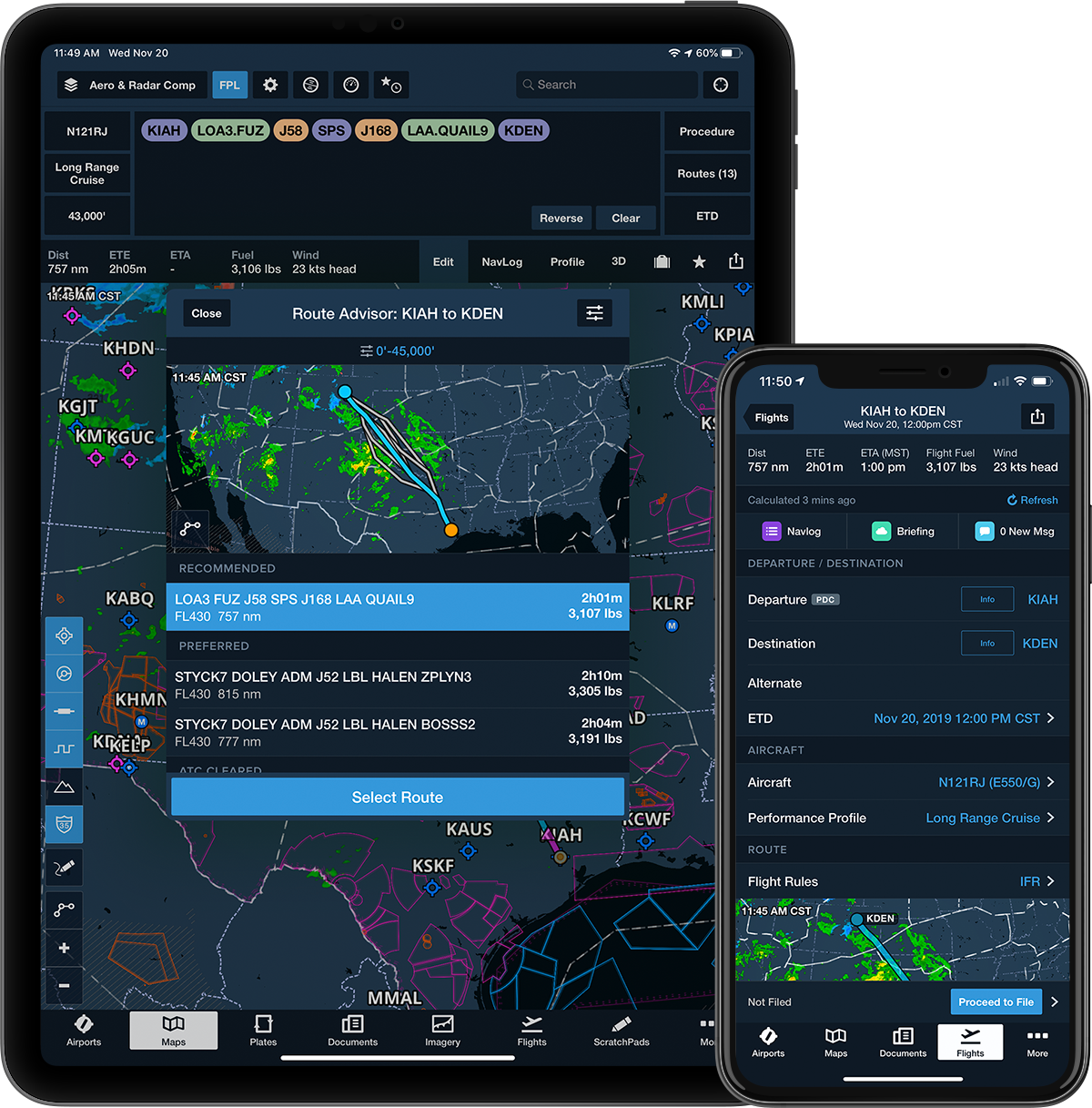 An iPad and iPhone showing Route advisor charts.