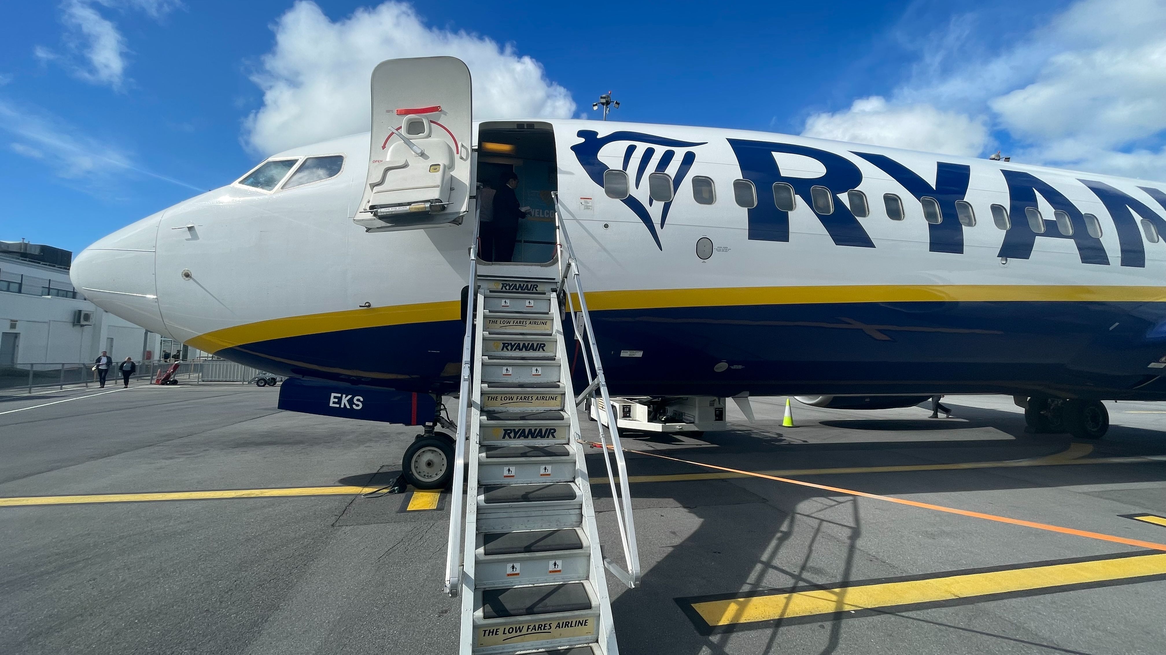 The view of someone about to board a Ryanair Boeing 737-800.