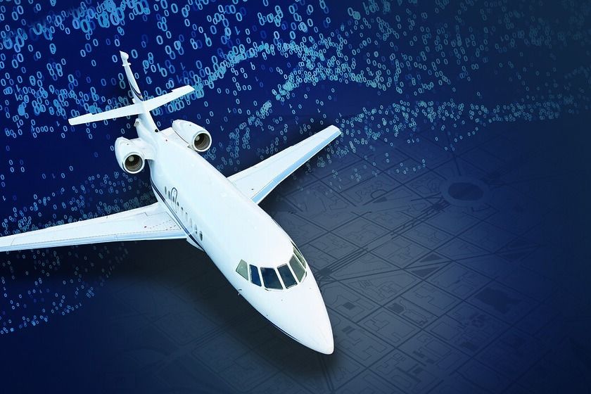 A business jet in a blue background