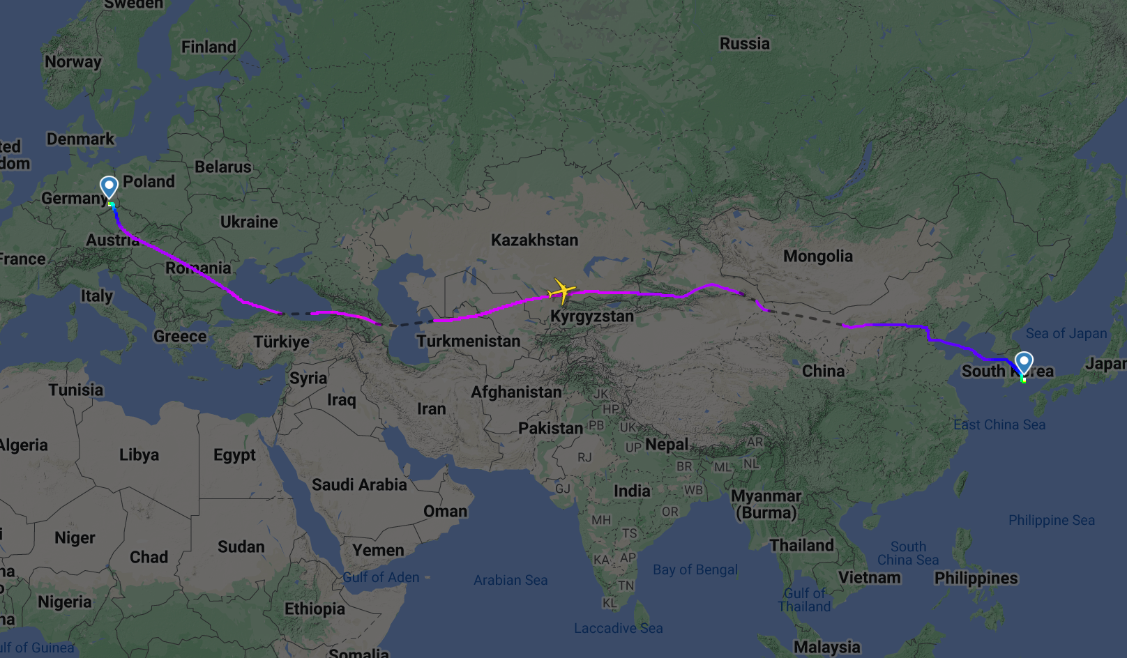 VH-EBF flight path from Dresden to Busan. 