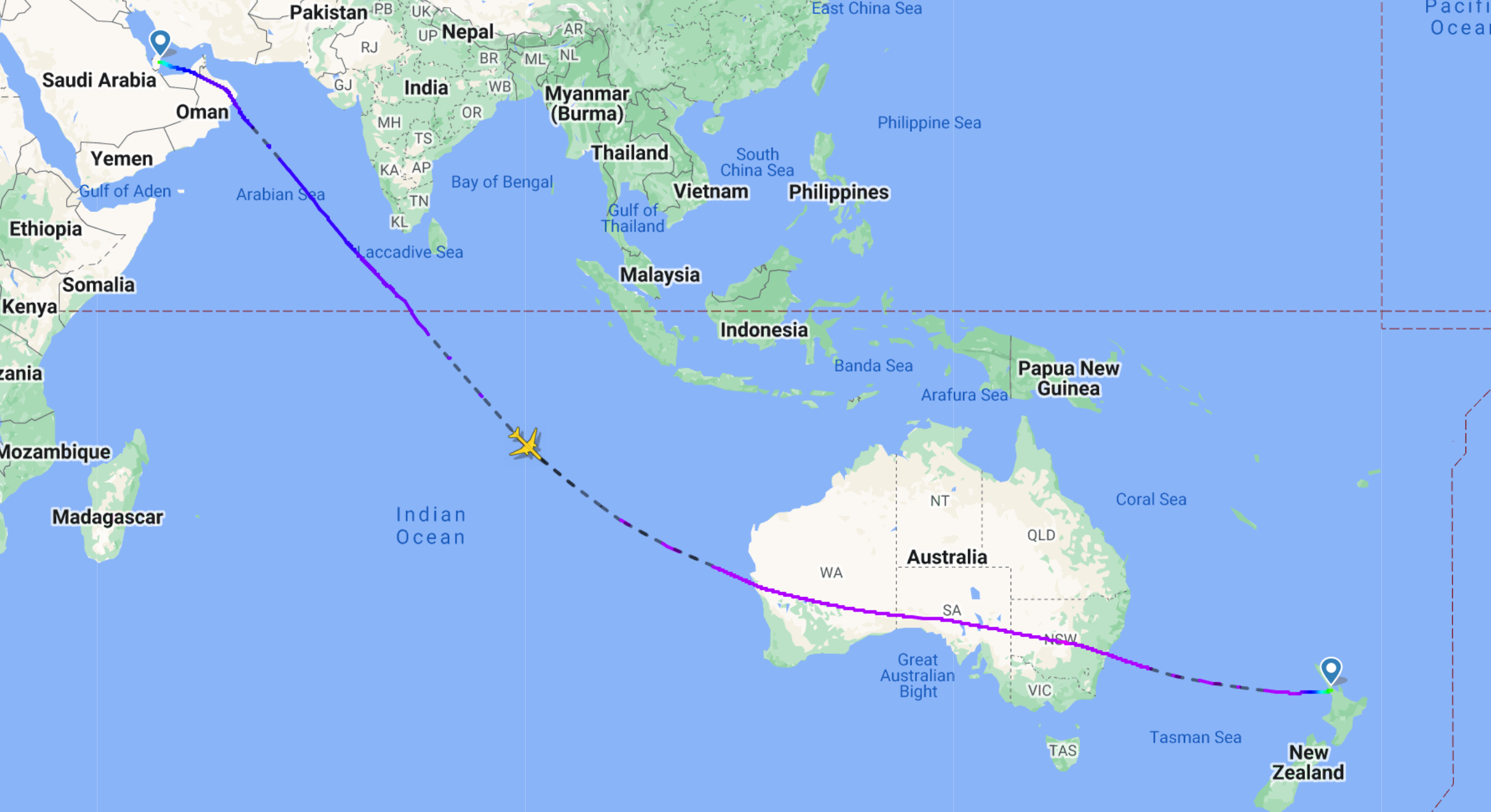 Qatar Airways Doha to Auckland flight path